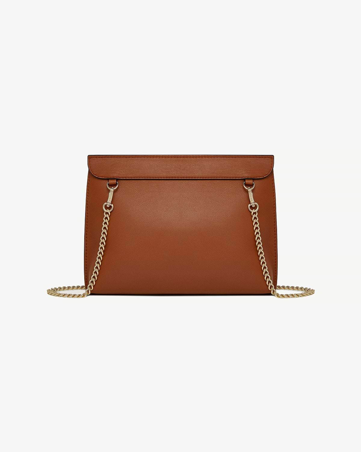 Chestnut leather shoulder bag with gold chain strap, flap top and textured finish.