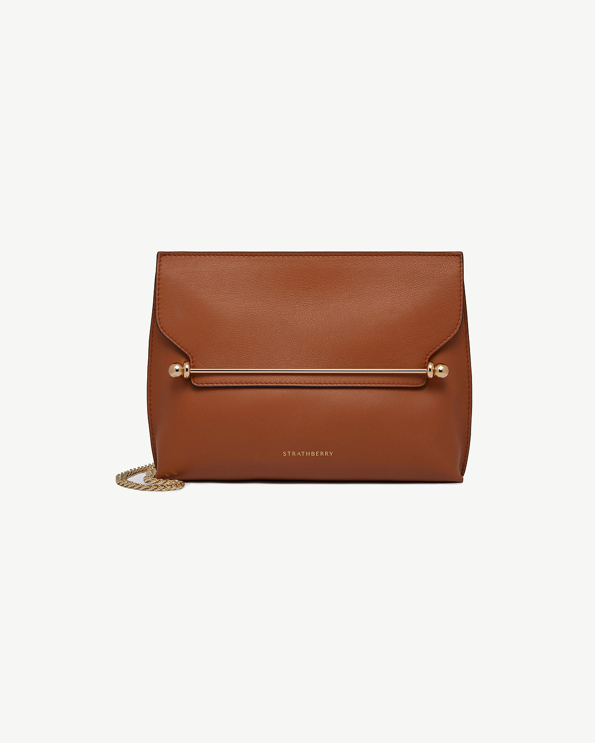 Chestnut leather Stylist bag with gold bar detail and chain strap, Strathberry logo.