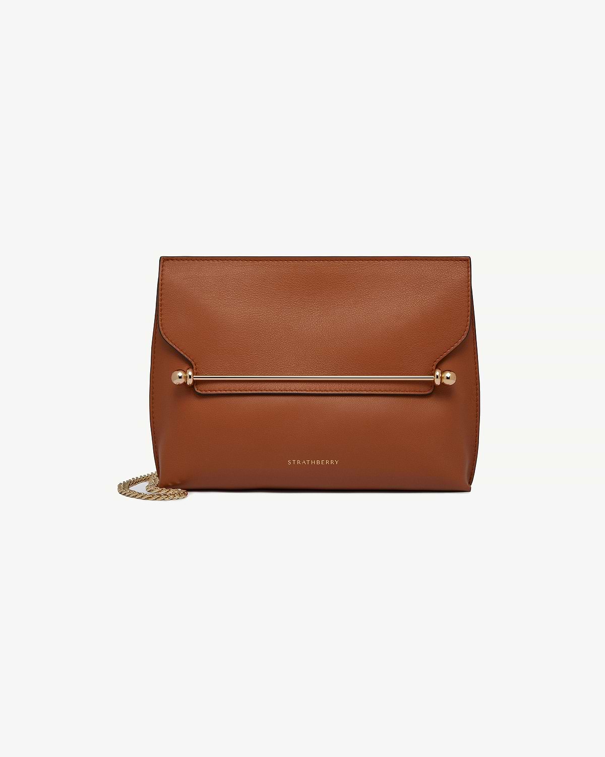 Chestnut leather Stylist bag with gold bar detail and chain strap, Strathberry logo.