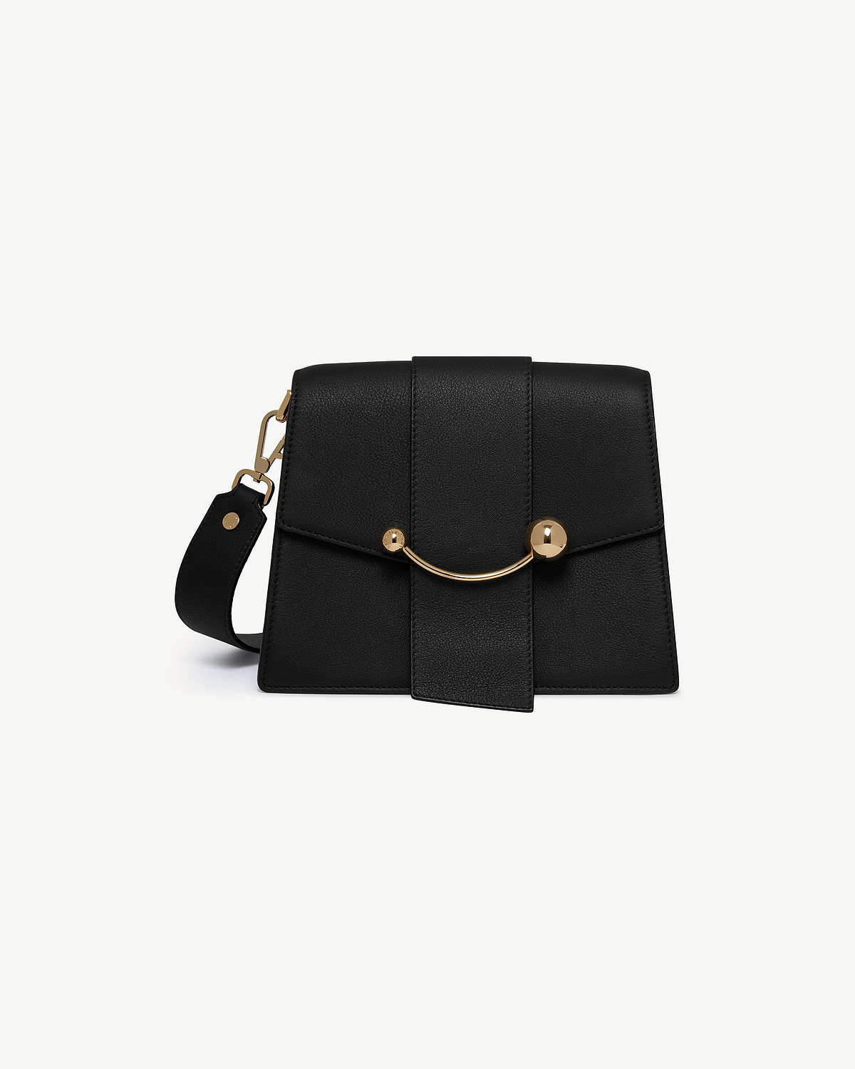 Black Box Crescent shoulder bag with wide strap and gold curved bar clasp.