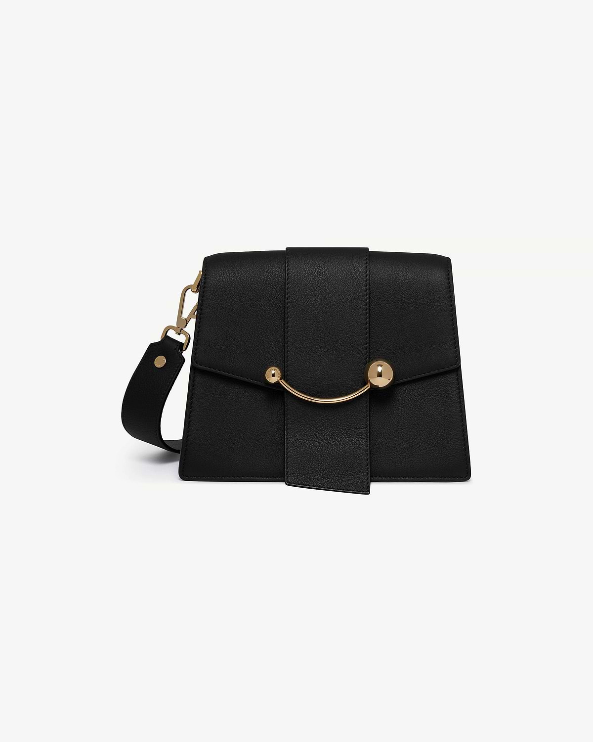 Black Box Crescent shoulder bag with wide strap and gold curved bar clasp.