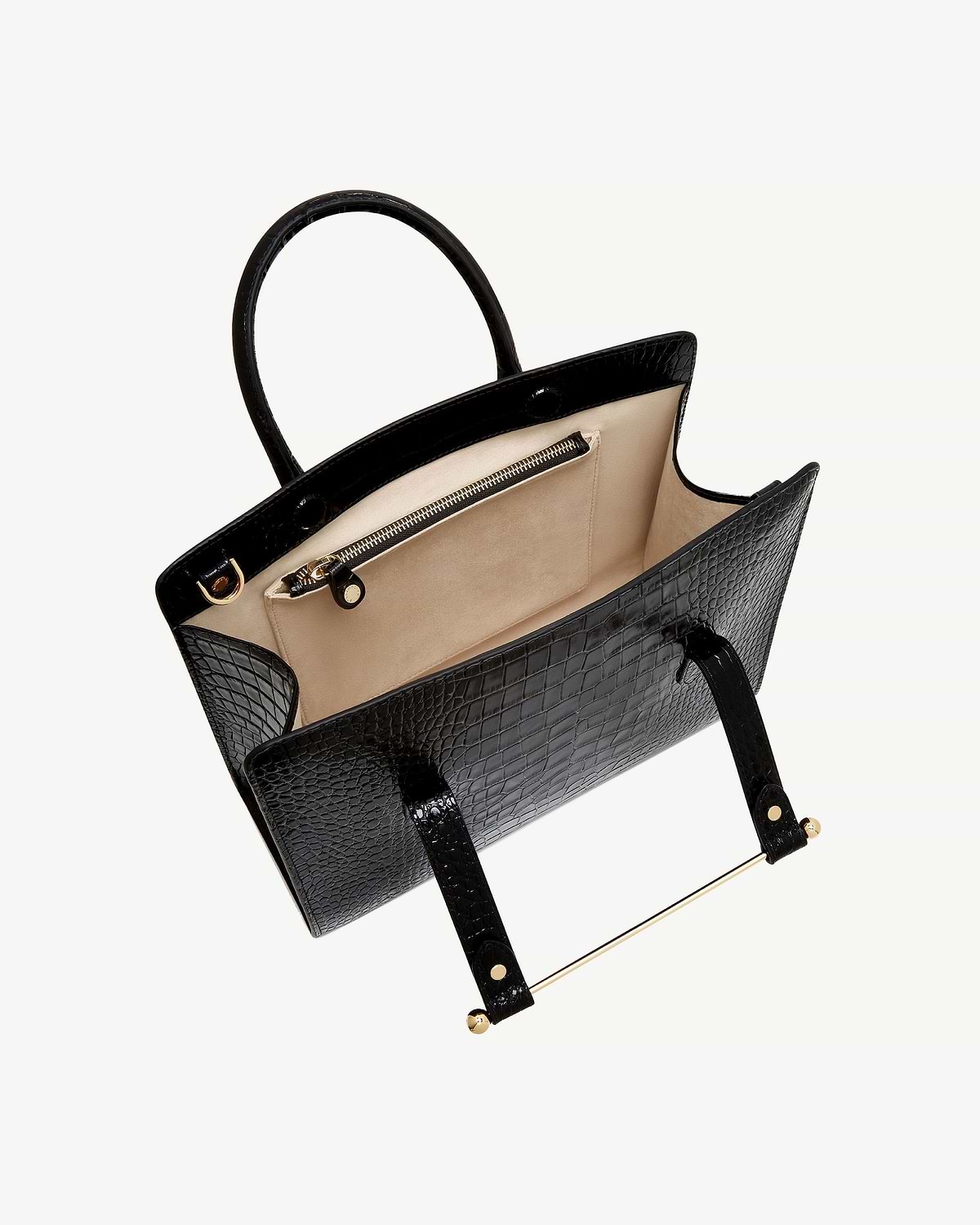 Black croc midi tote with beige interior, internal zip pocket and gold hardware.