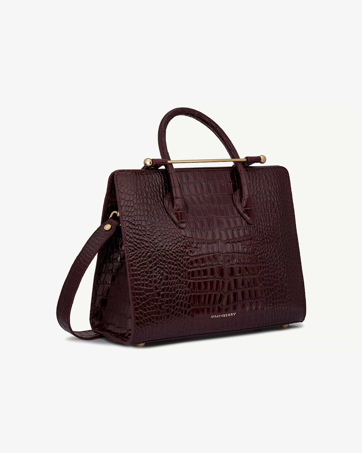 Strathberry croc-embossed midi tote with top handles and shoulder strap