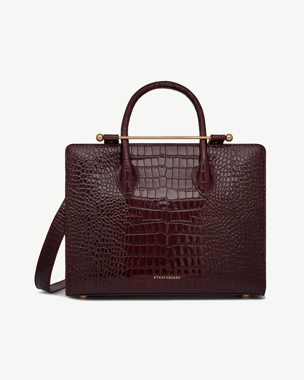 Strathberry croc midi tote in deep burgundy with top handle and shoulder strap