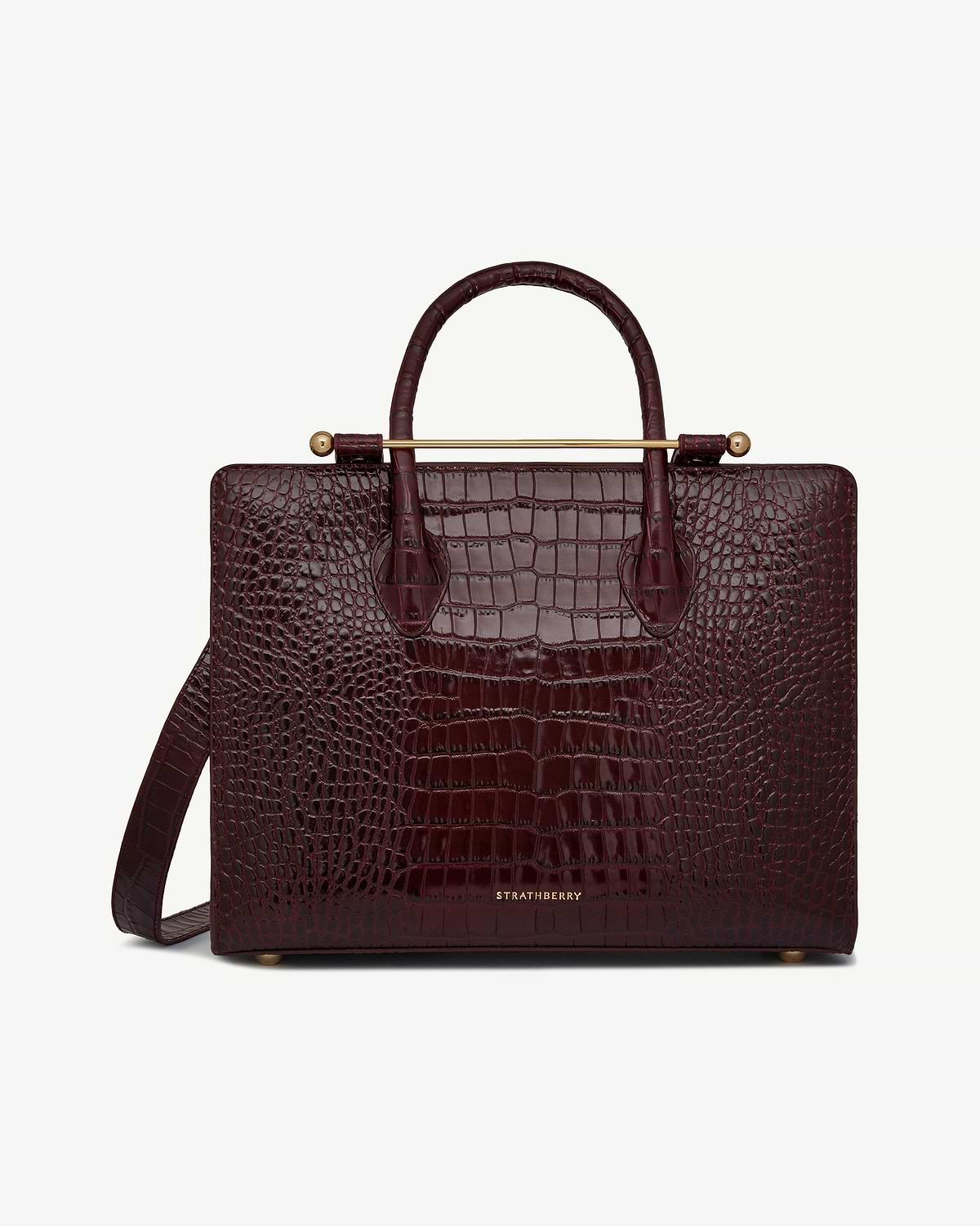 Strathberry croc midi tote in deep burgundy with top handle and shoulder strap