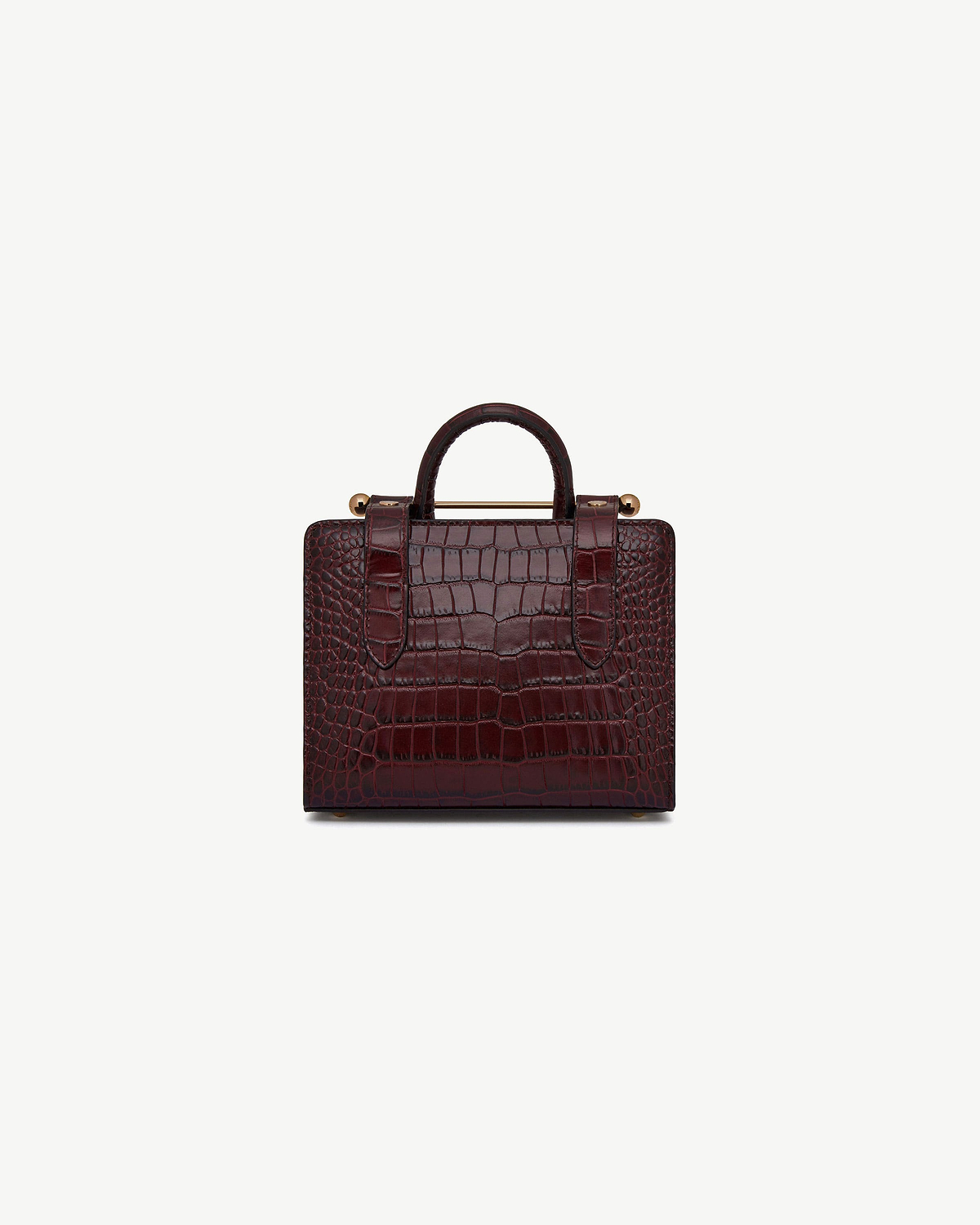 Small structured croc-effect nano tote with top handles in dark burgundy.