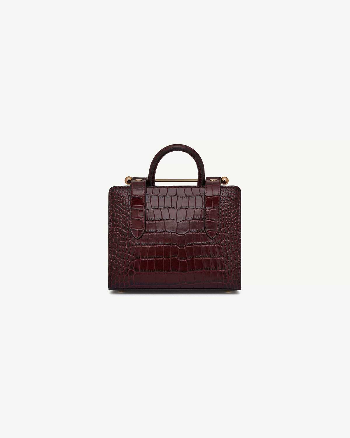 Small structured croc-effect nano tote with top handles in dark burgundy.