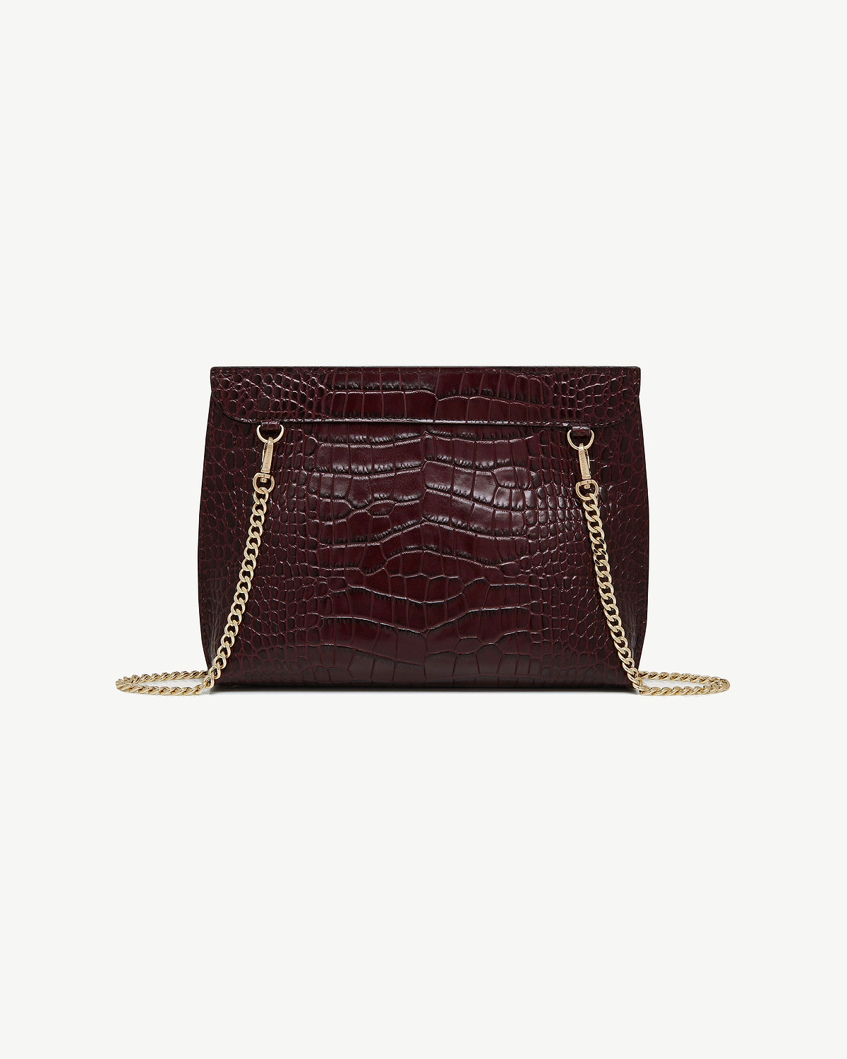 Dark burgundy croc-embossed Stylist bag with gold chain strap and foldover flap
