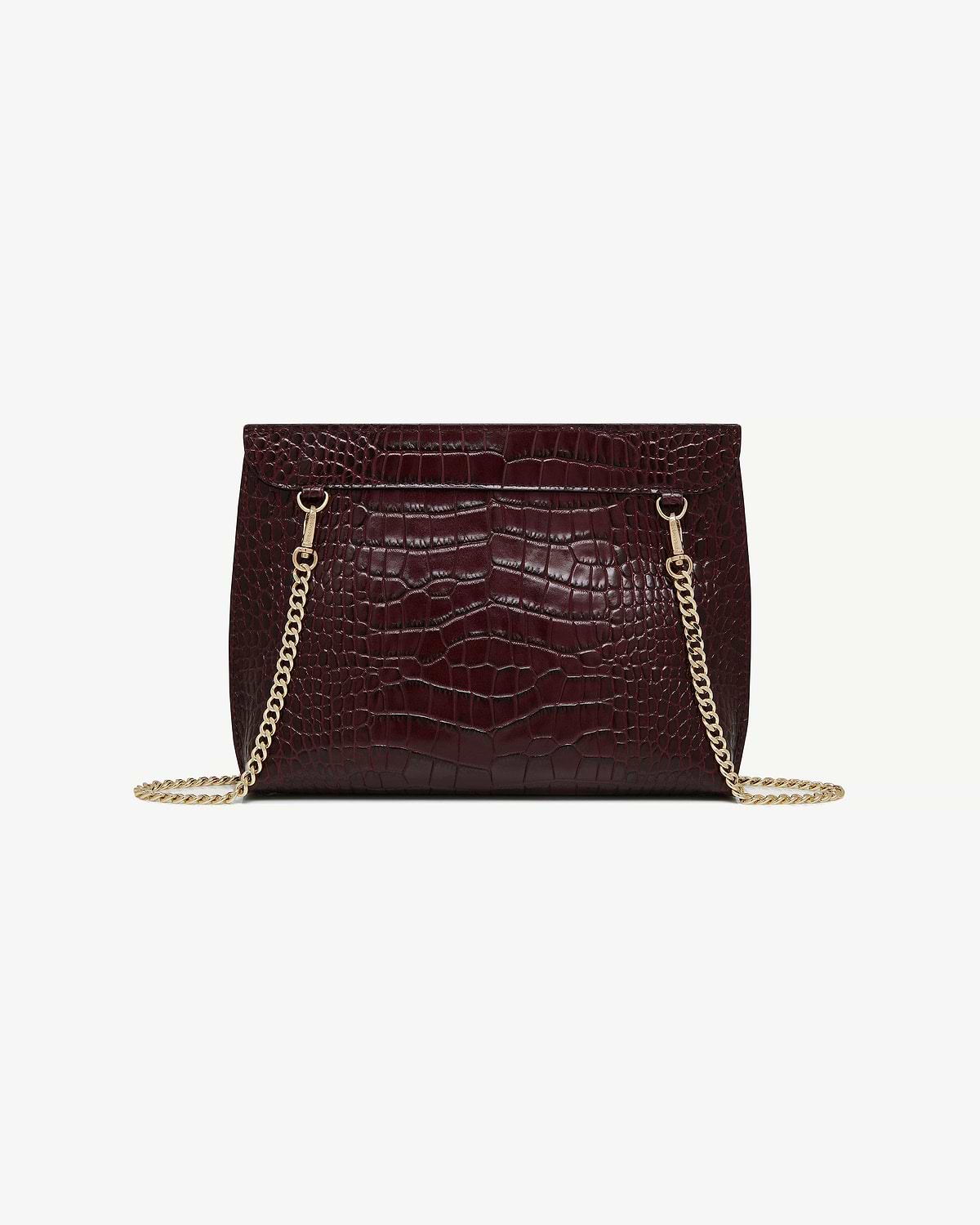 Dark burgundy croc-embossed Stylist bag with gold chain strap and foldover flap