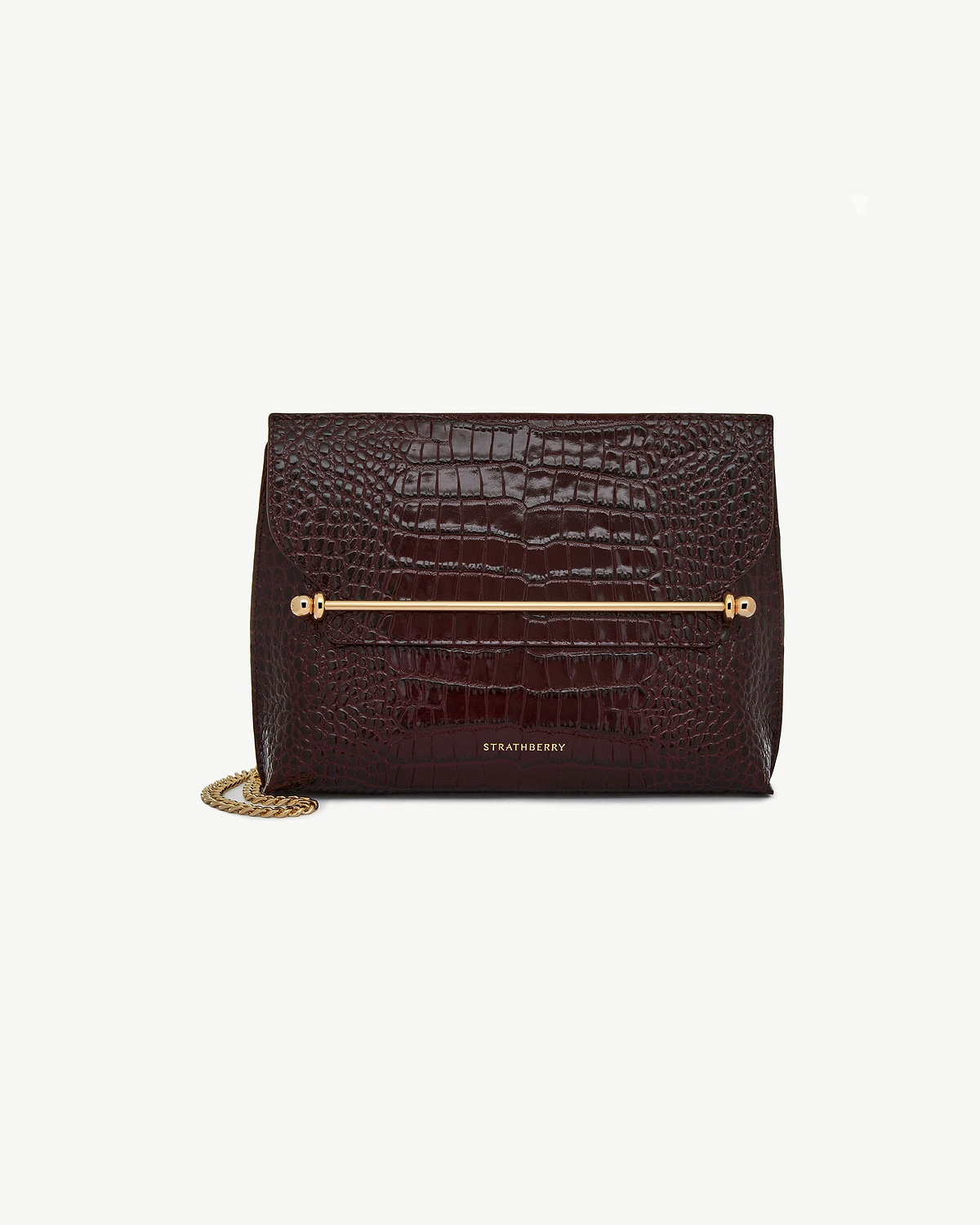 Croc-embossed leather clutch with gold bar, chain strap, Strathberry logo.