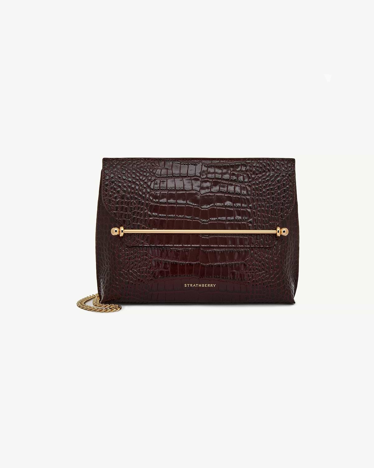 Croc-embossed leather clutch with gold bar, chain strap, Strathberry logo.