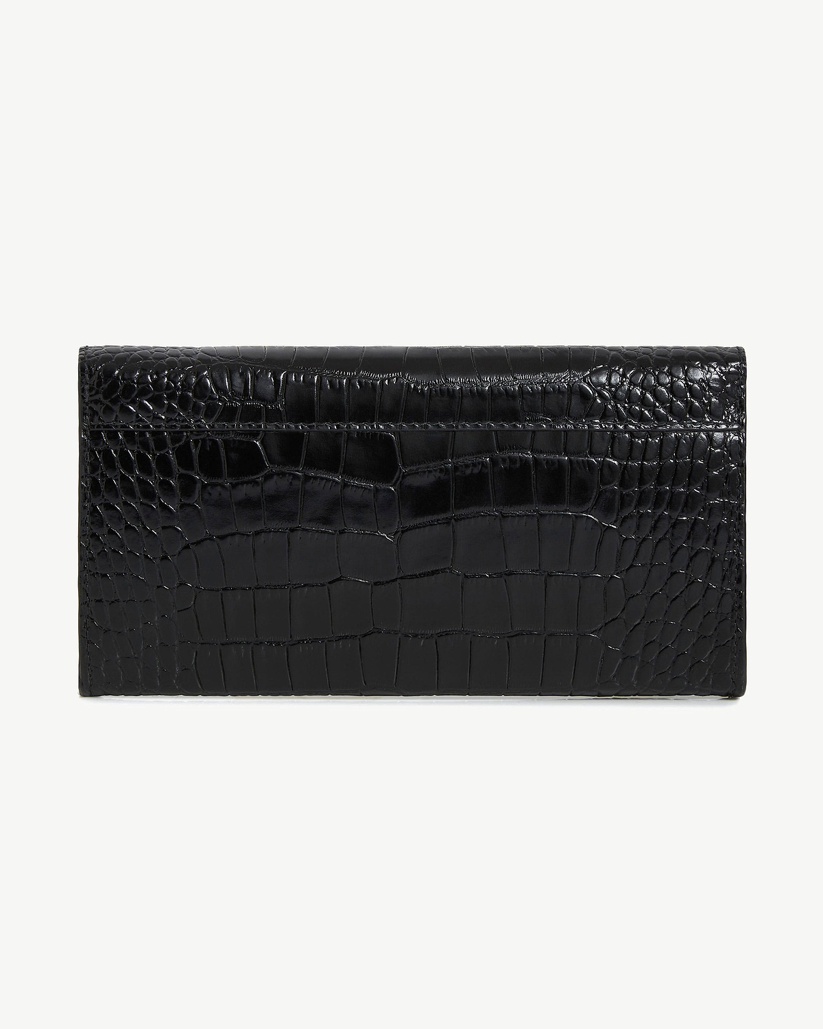 Black croc-embossed rectangular wallet with front flap on white background.