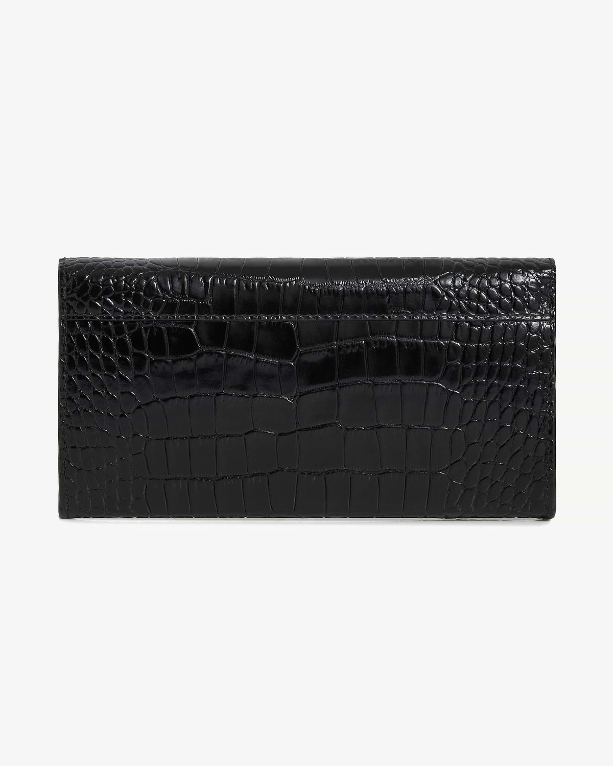 Black croc-embossed rectangular wallet with front flap on white background.