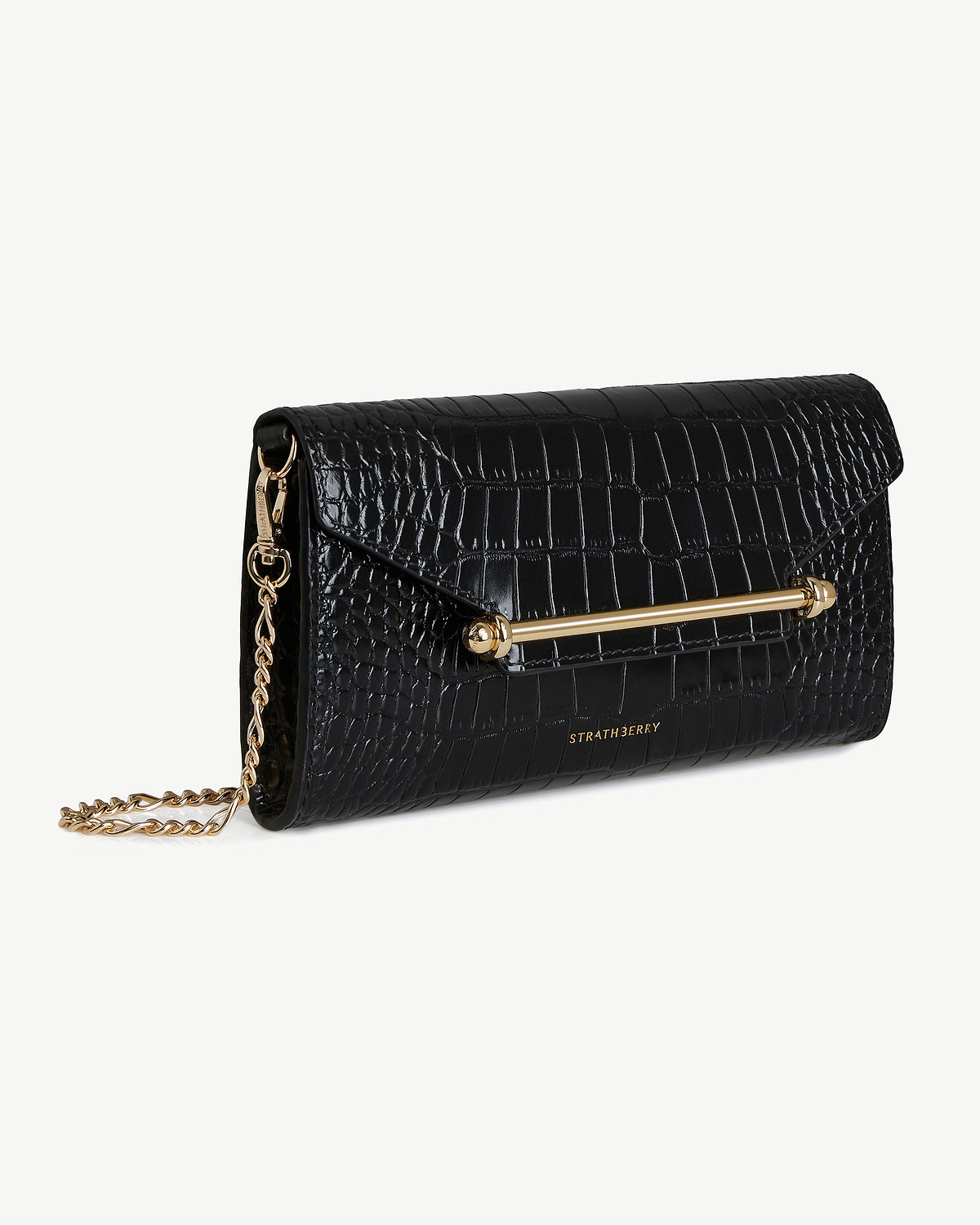 Black croc-effect chain wallet with gold bar detail and chain strap, Strathberry.