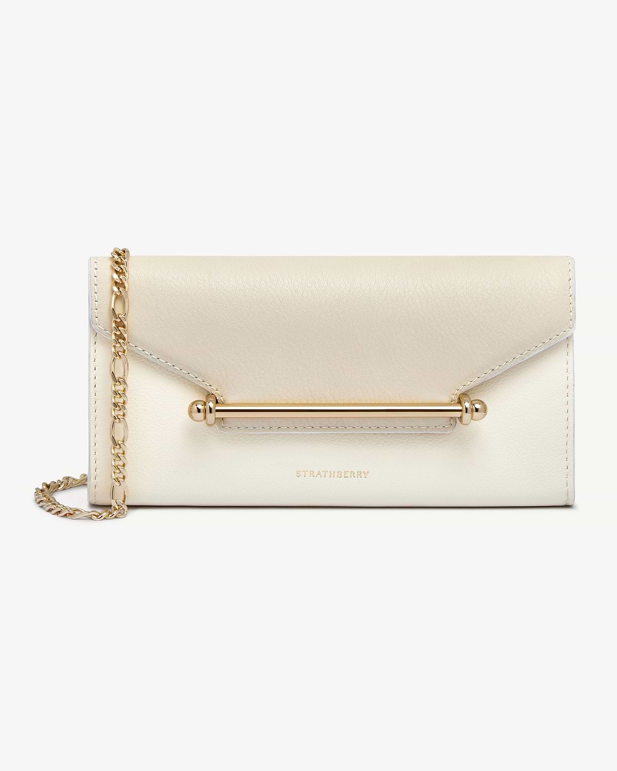 Strathberry Multrees chain wallet in vanilla and diamond with gold bar and chain.
