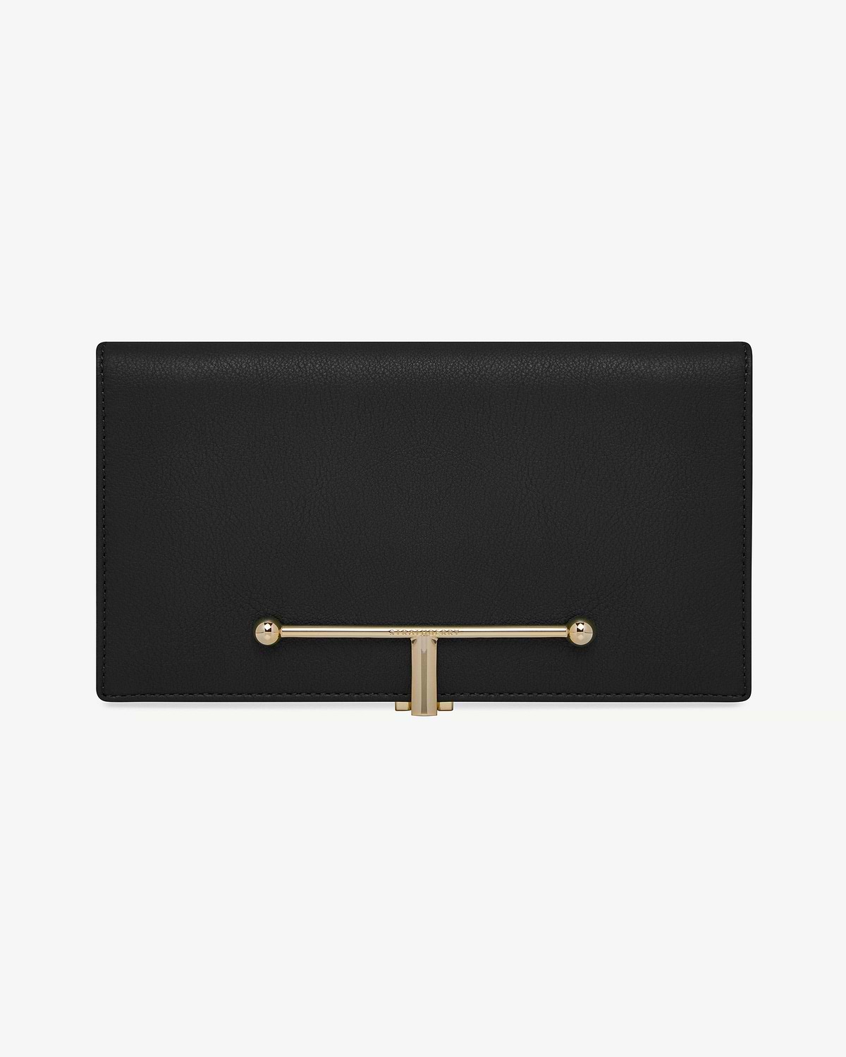 Large black leather wallet with gold horizontal bar closure centred on front