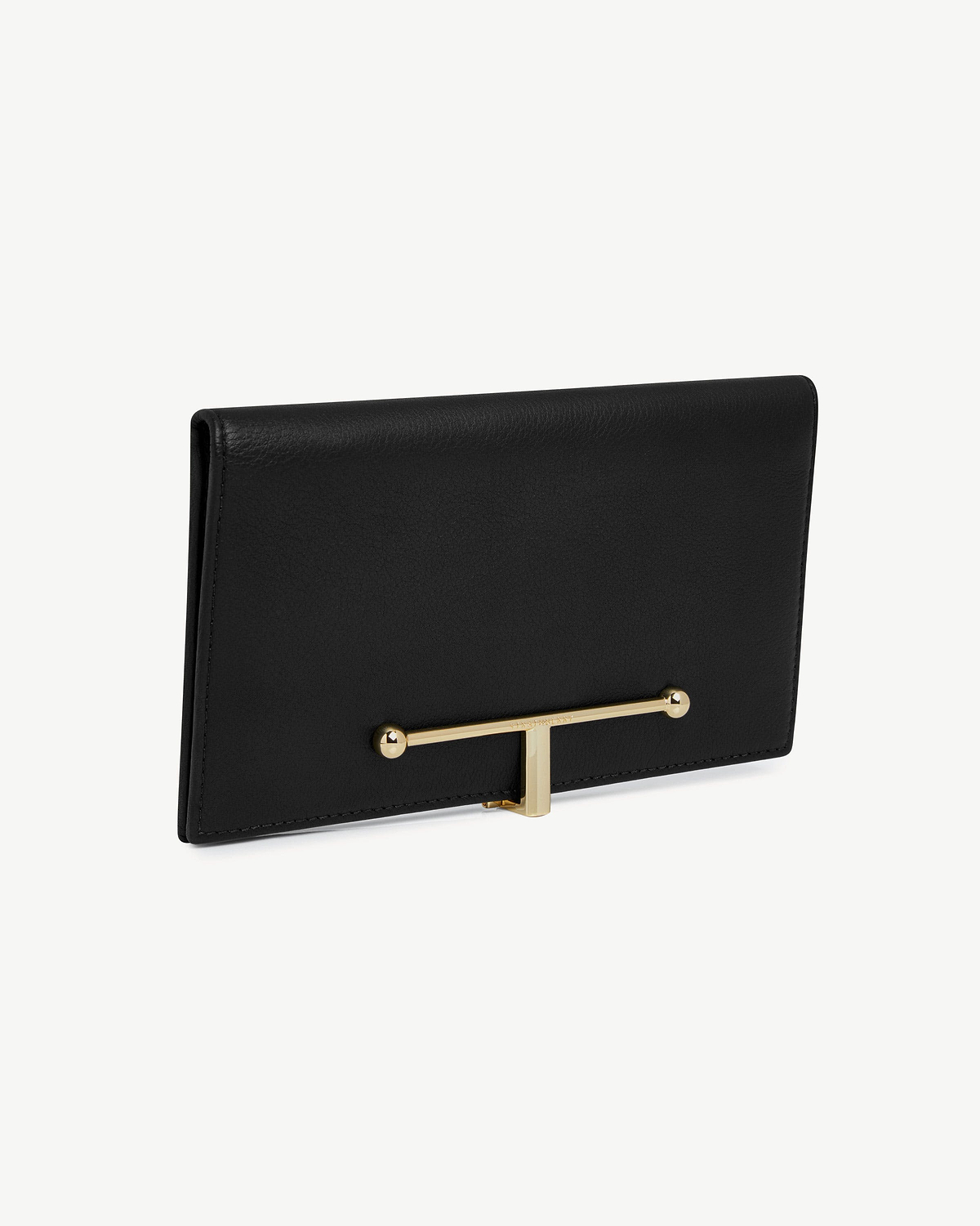 Black leather large wallet with gold bar closure and pebbled texture.