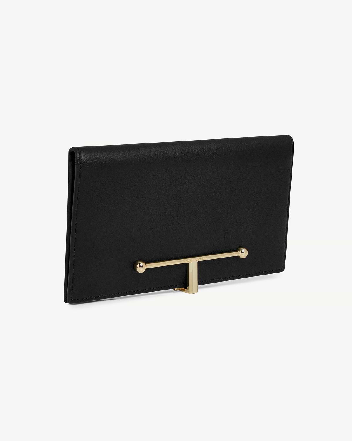 Black leather large wallet with gold bar closure and pebbled texture.