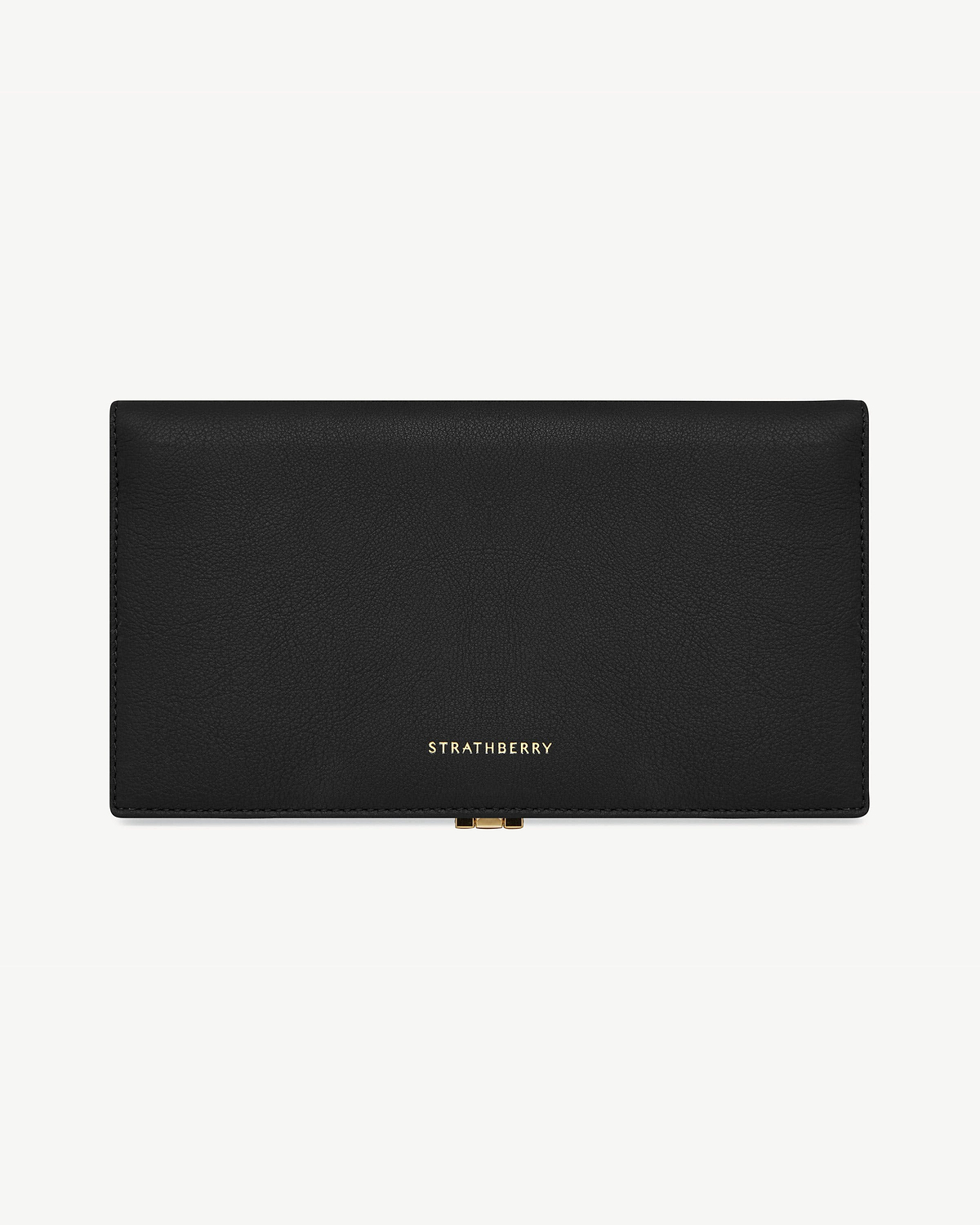 Black leather long wallet with gold Strathberry logo and centre clasp.