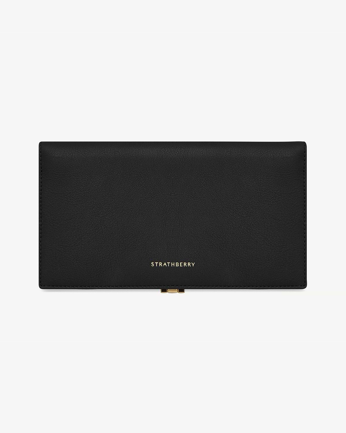 Black leather long wallet with gold Strathberry logo and centre clasp.