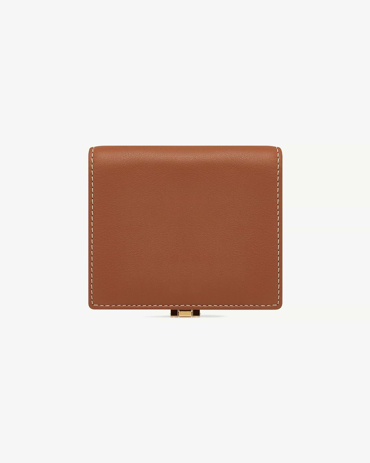 Chestnut leather wallet with vanilla contrast stitching and small gold clasp.