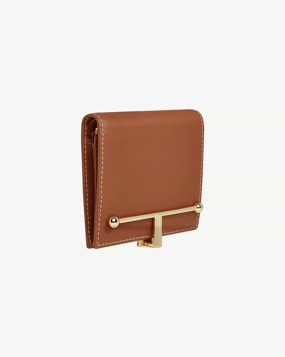 Chestnut leather wallet with vanilla stitching and gold T-bar closure.