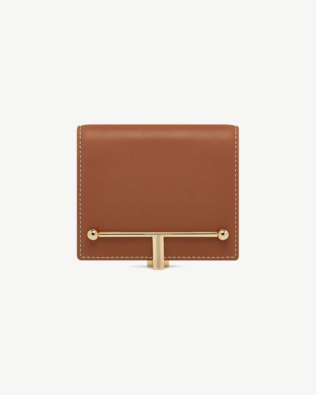 Chestnut leather wallet with vanilla stitching and gold horizontal bar clasp