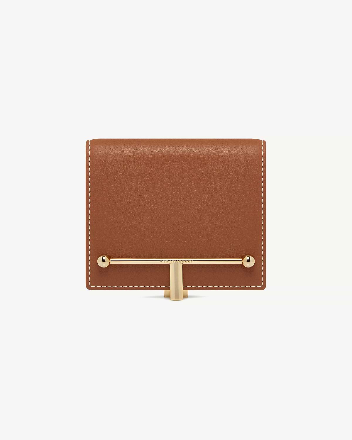 Chestnut leather wallet with vanilla stitching and gold horizontal bar clasp