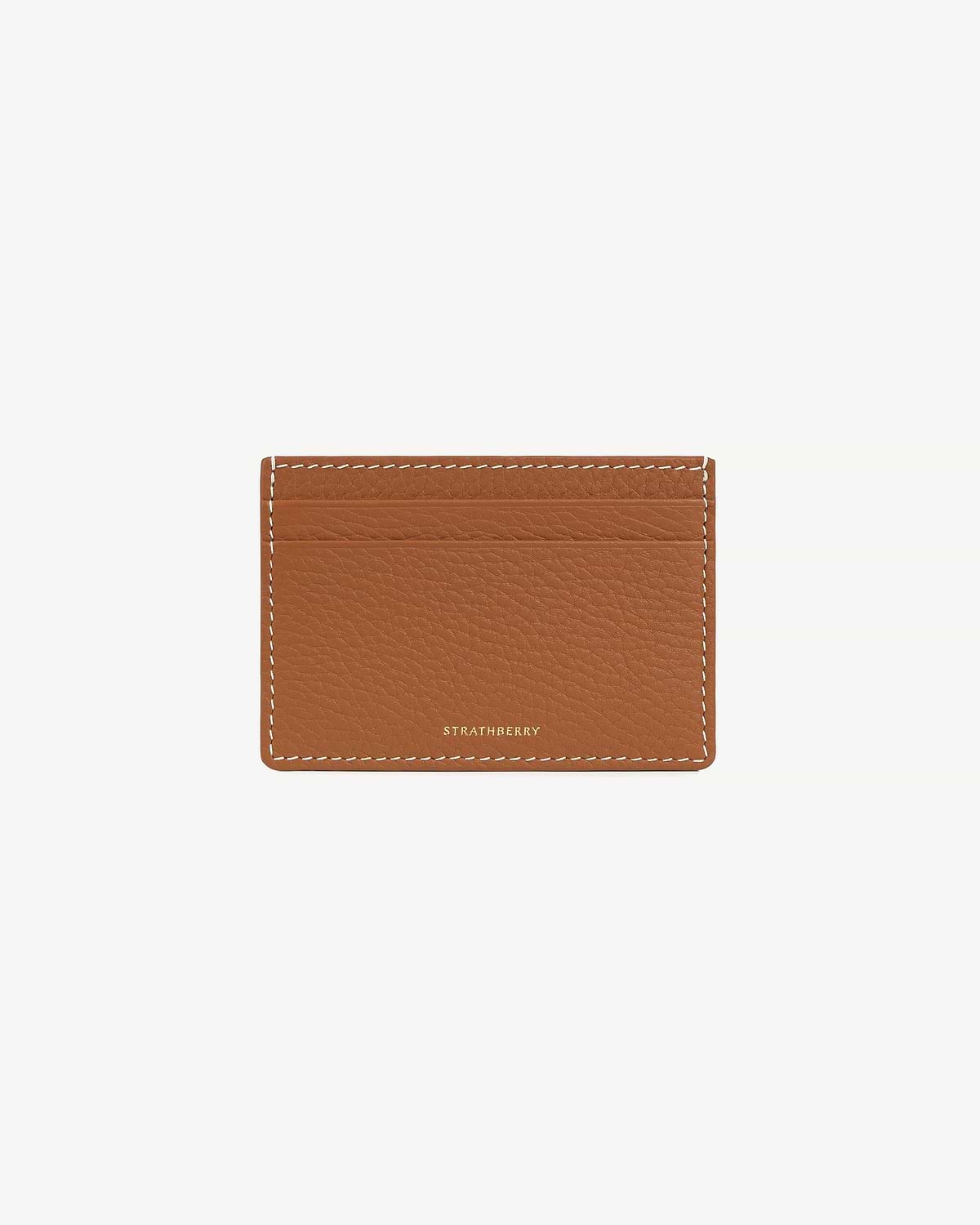 Strathberry tan leather cardholder with vanilla stitching and multiple card slots.