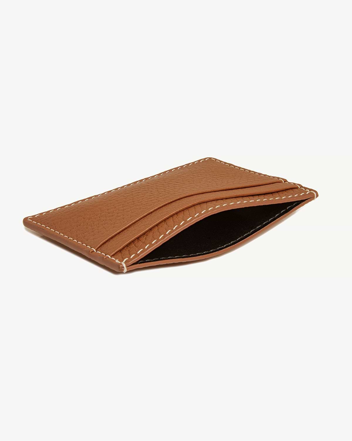 Tan leather cardholder with vanilla contrast stitching and multiple card slots.