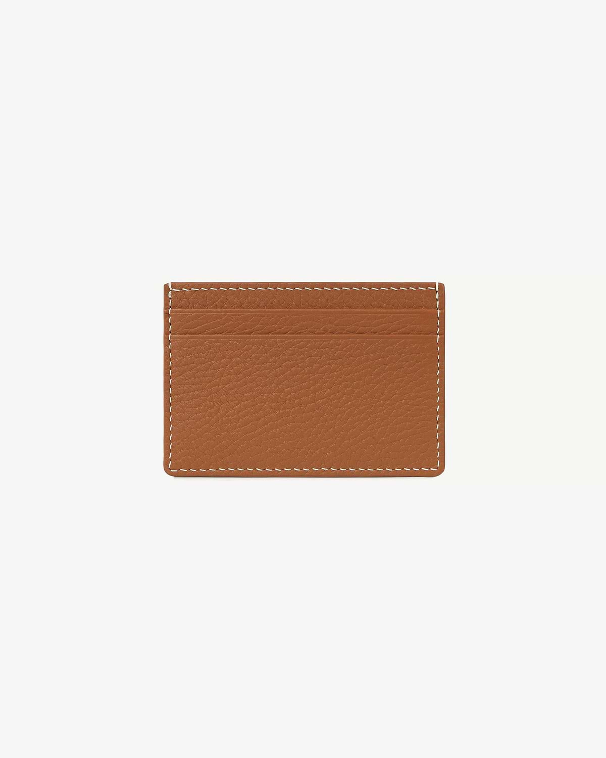 Tan leather cardholder with vanilla-coloured stitching and multiple card slots.
