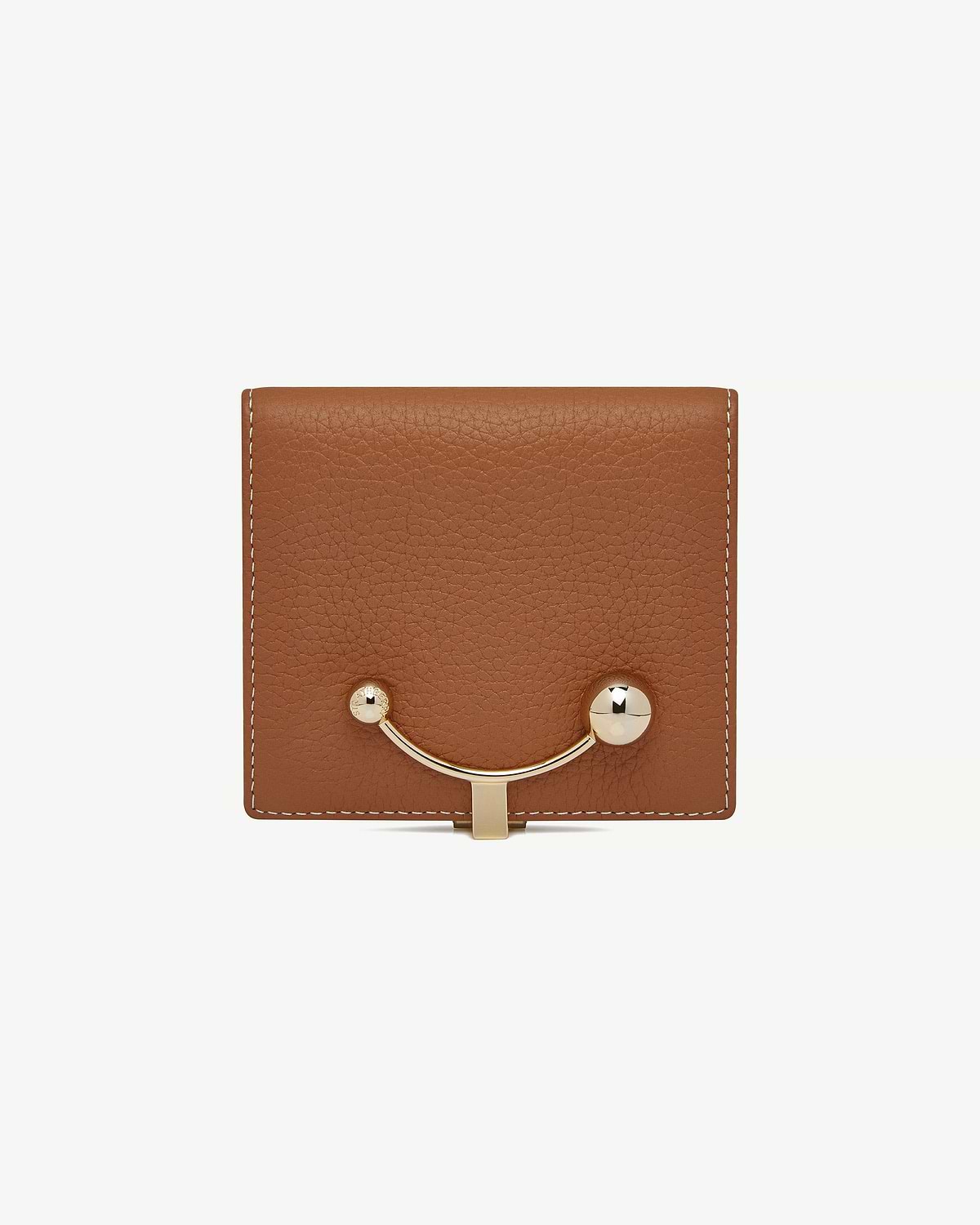 Tan leather wallet with vanilla stitching and gold crescent-shaped clasp