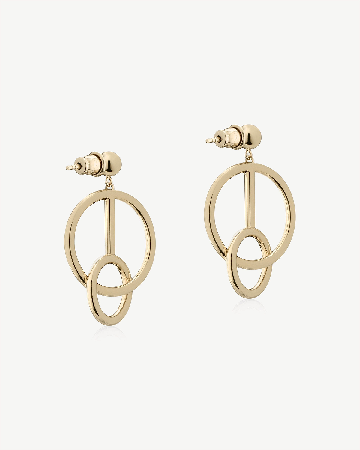Pair of 22-carat gold gilded music bar hoop earrings with interlocking circular drops.