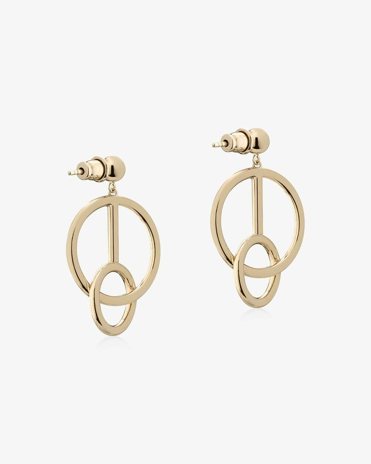 Pair of 22-carat gold gilded music bar hoop earrings with interlocking circular drops.