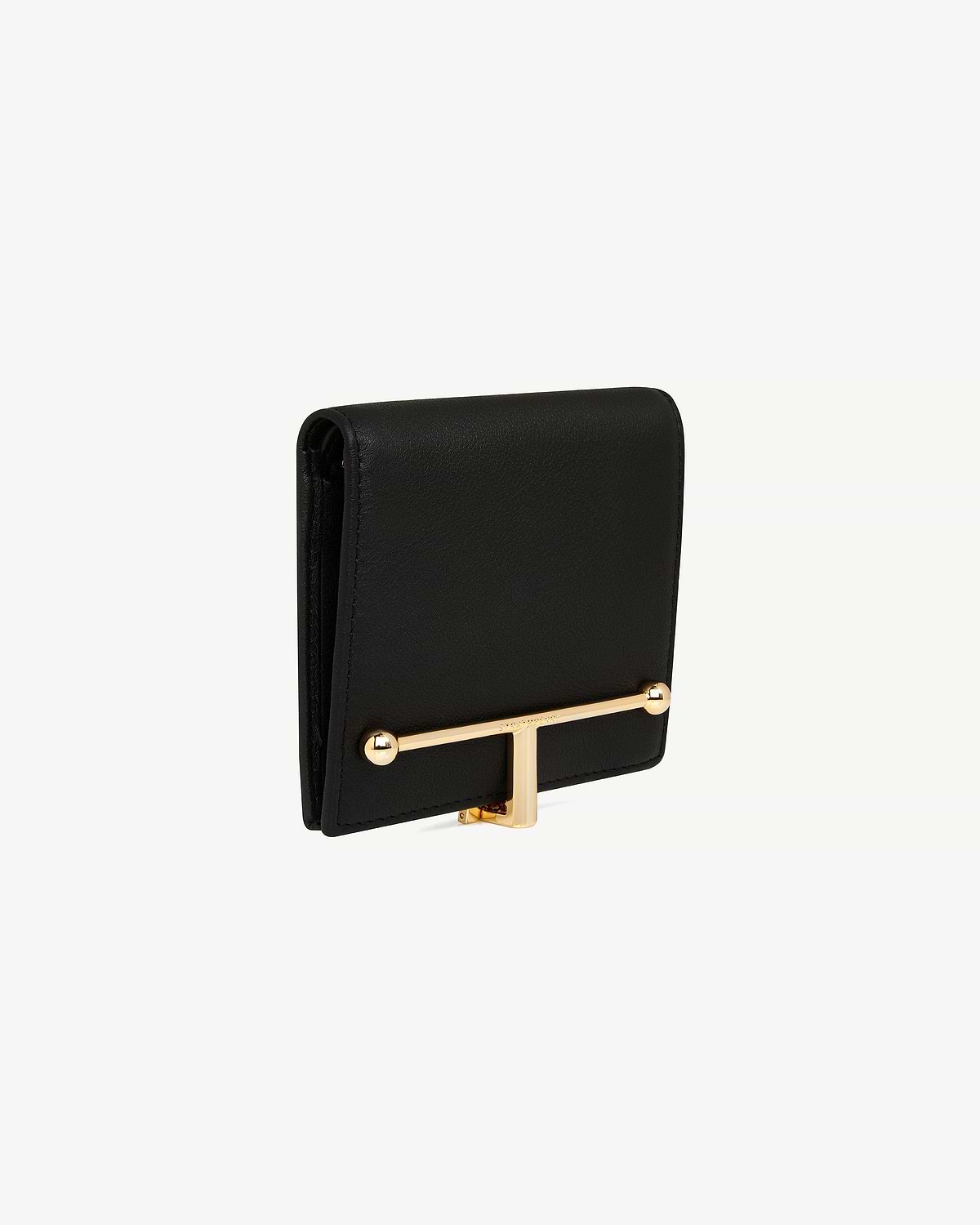 Black leather wallet with gold T-bar clasp on white background.
