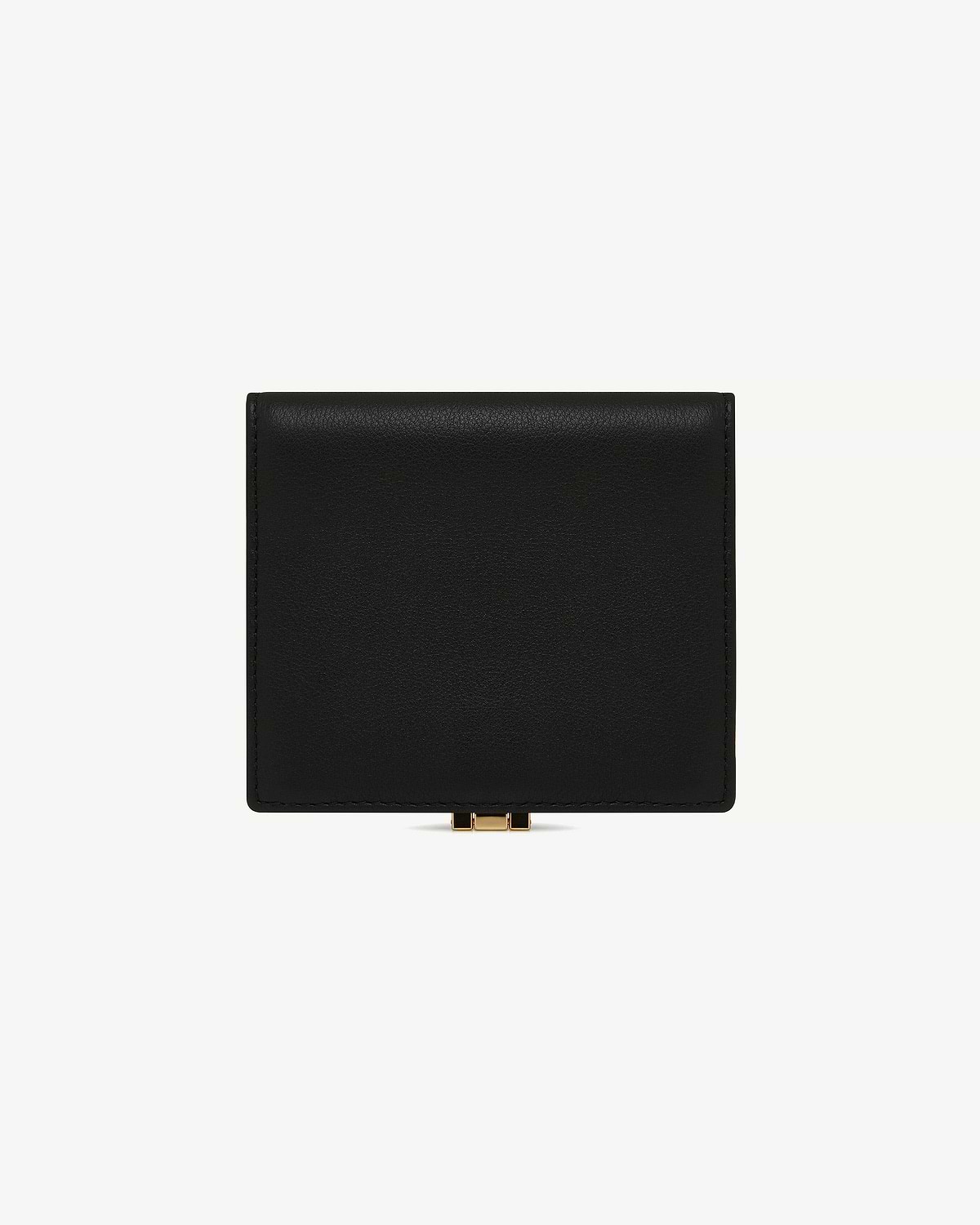 Black compact wallet with gold clasp, front view on white background.