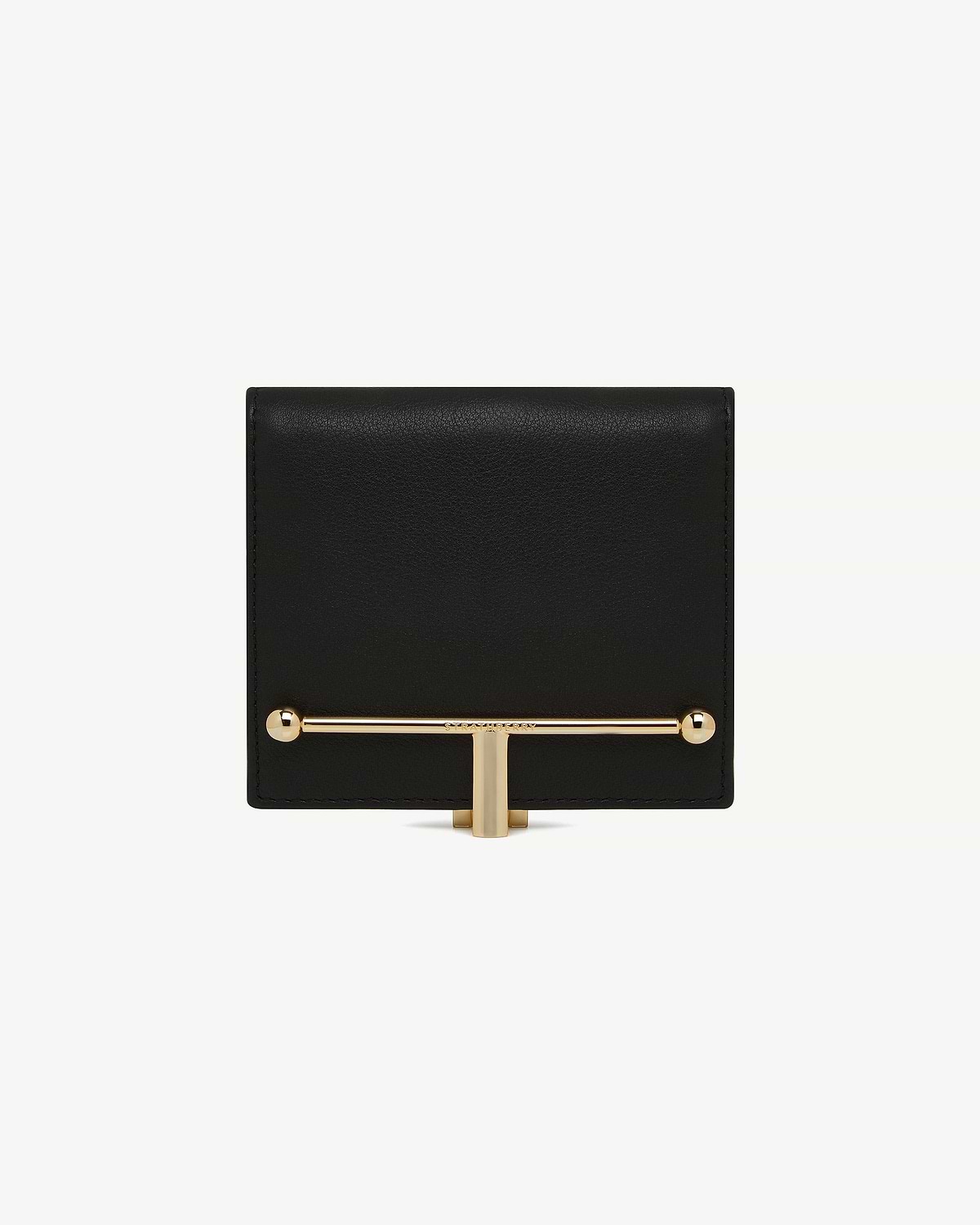 Black leather wallet with horizontal gold bar and T-shaped clasp on front.