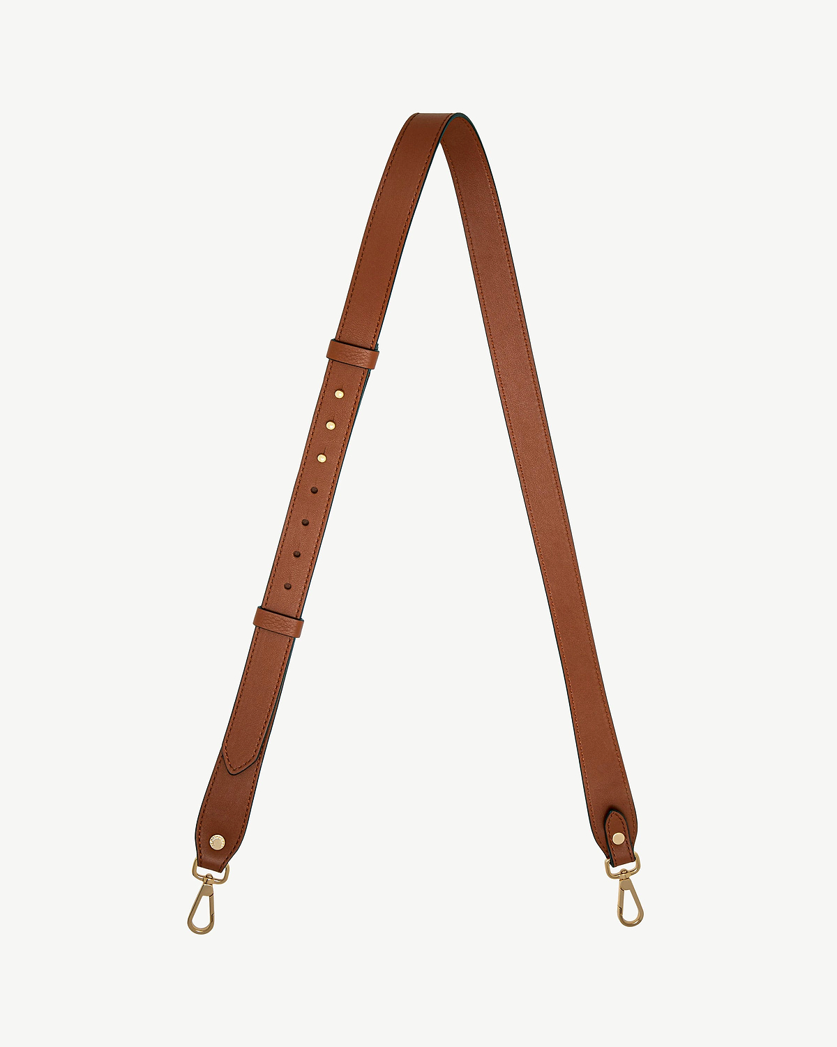 Chestnut adjustable leather strap with gold-tone swivel clips and multiple adjustment holes.