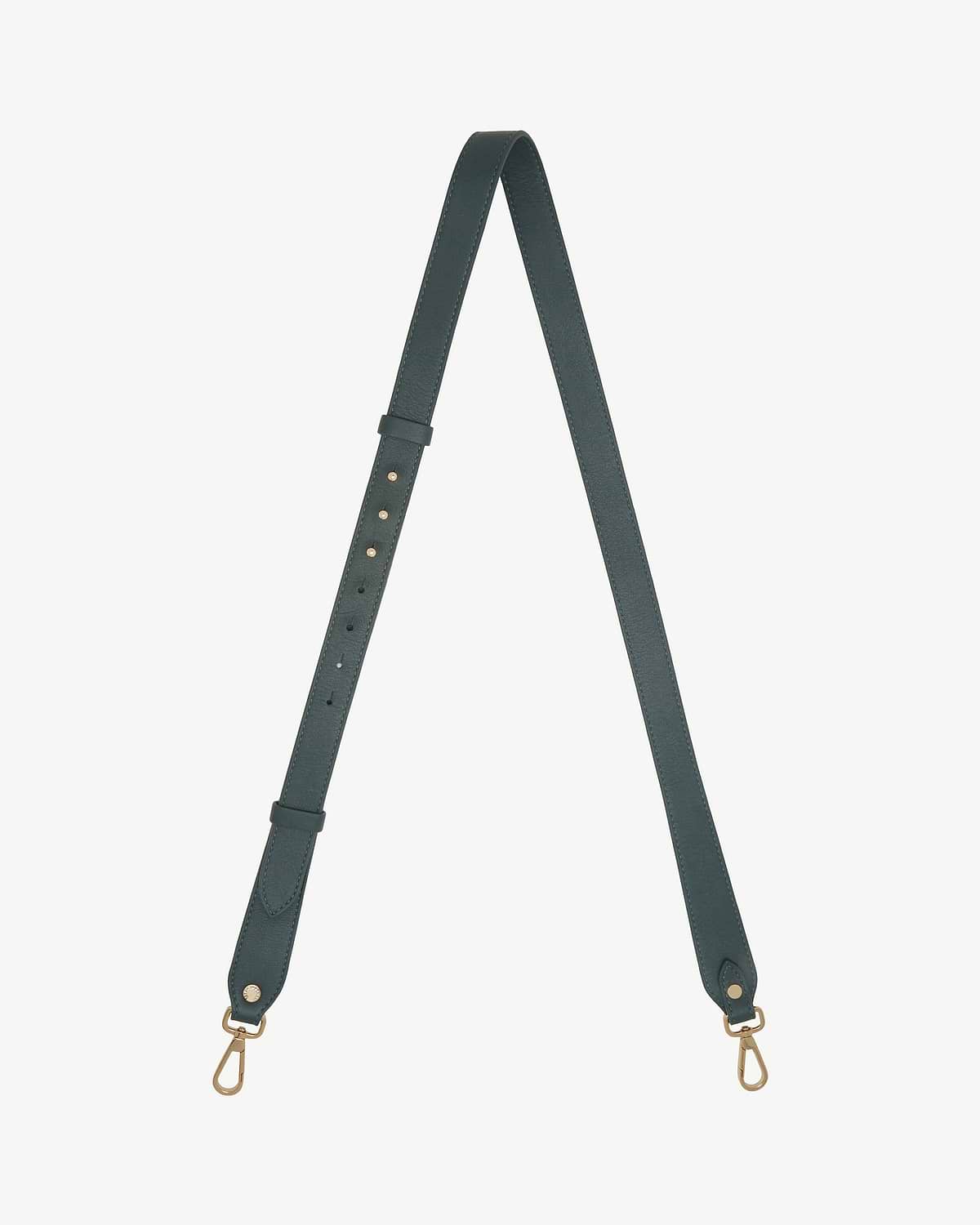 Bottle green adjustable leather strap with gold-tone metal swivel hooks.