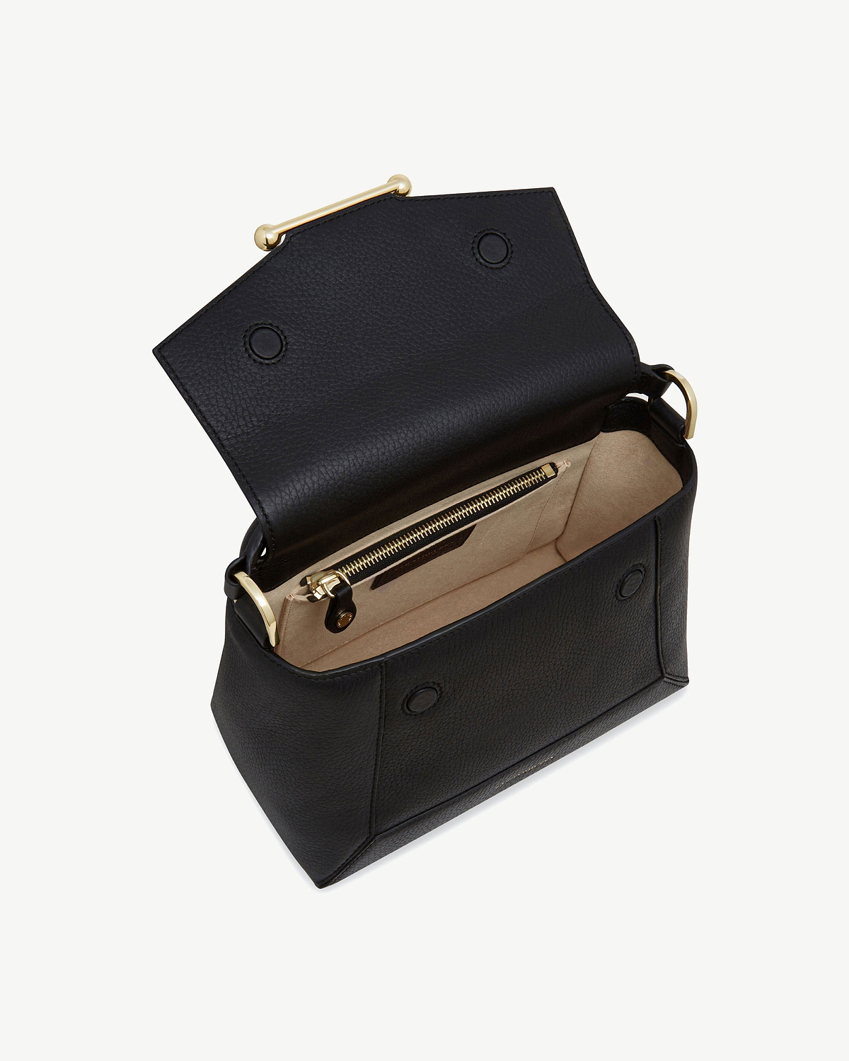Black mosaic bag open, beige interior with zip pocket and gold hardware.