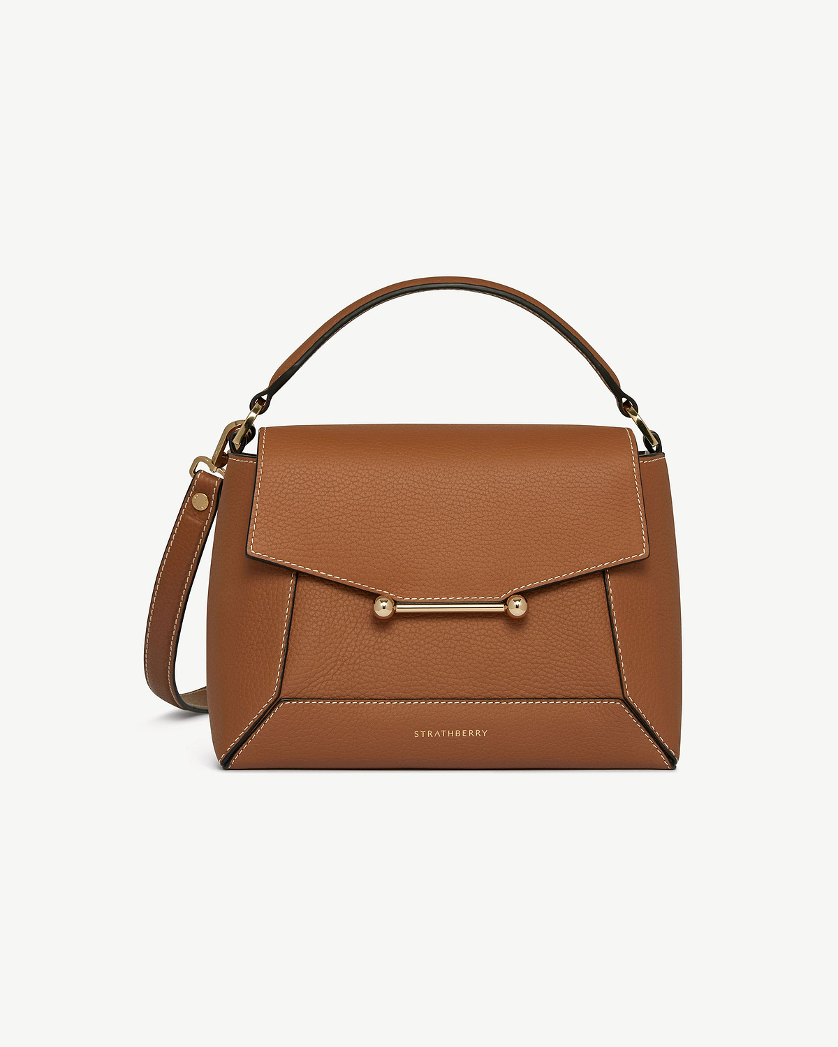 Strathberry Mosaic bag in tan leather with vanilla stitching and gold bar hardware