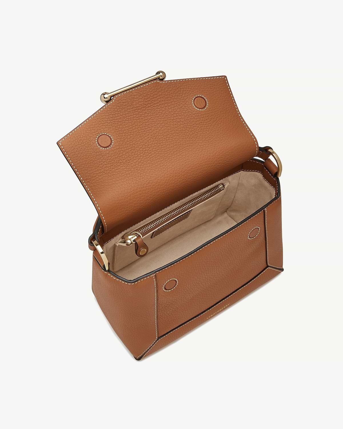 Tan mosaic bag with vanilla stitching, open to reveal suede interior and zip pocket