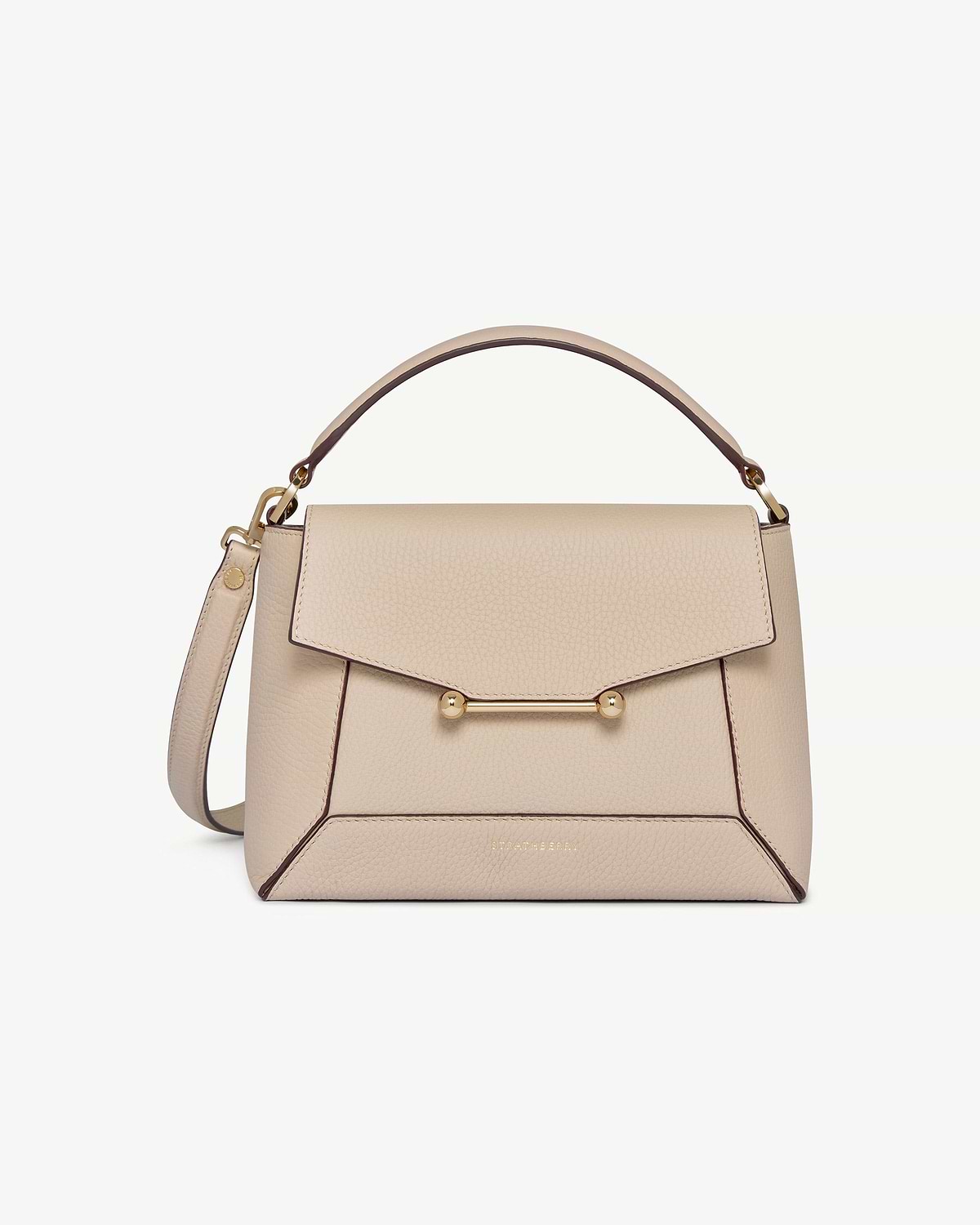 Strathberry Mosaic bag in oat with top handle, shoulder strap, and gold bar hardware.