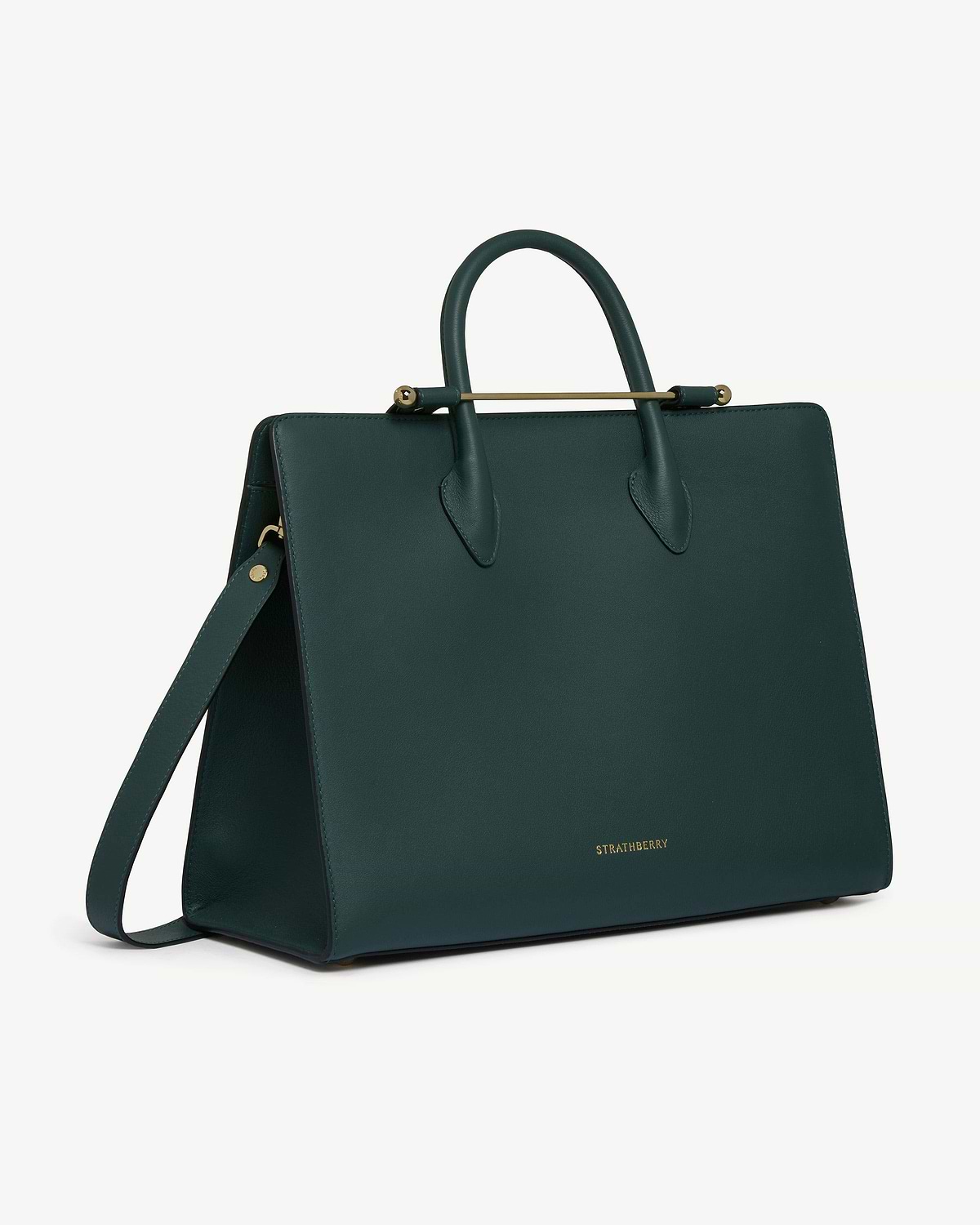 Bottle green Strathberry tote with gold bar detail, top handles and strap.