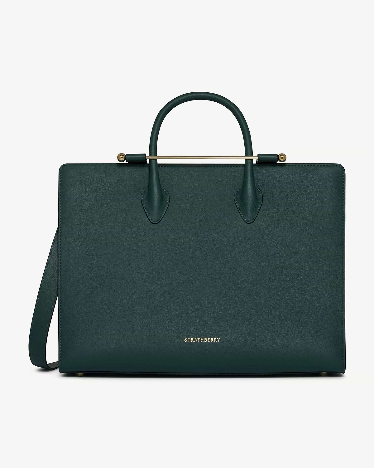 Bottle green tote bag with top handles and gold Strathberry logo.