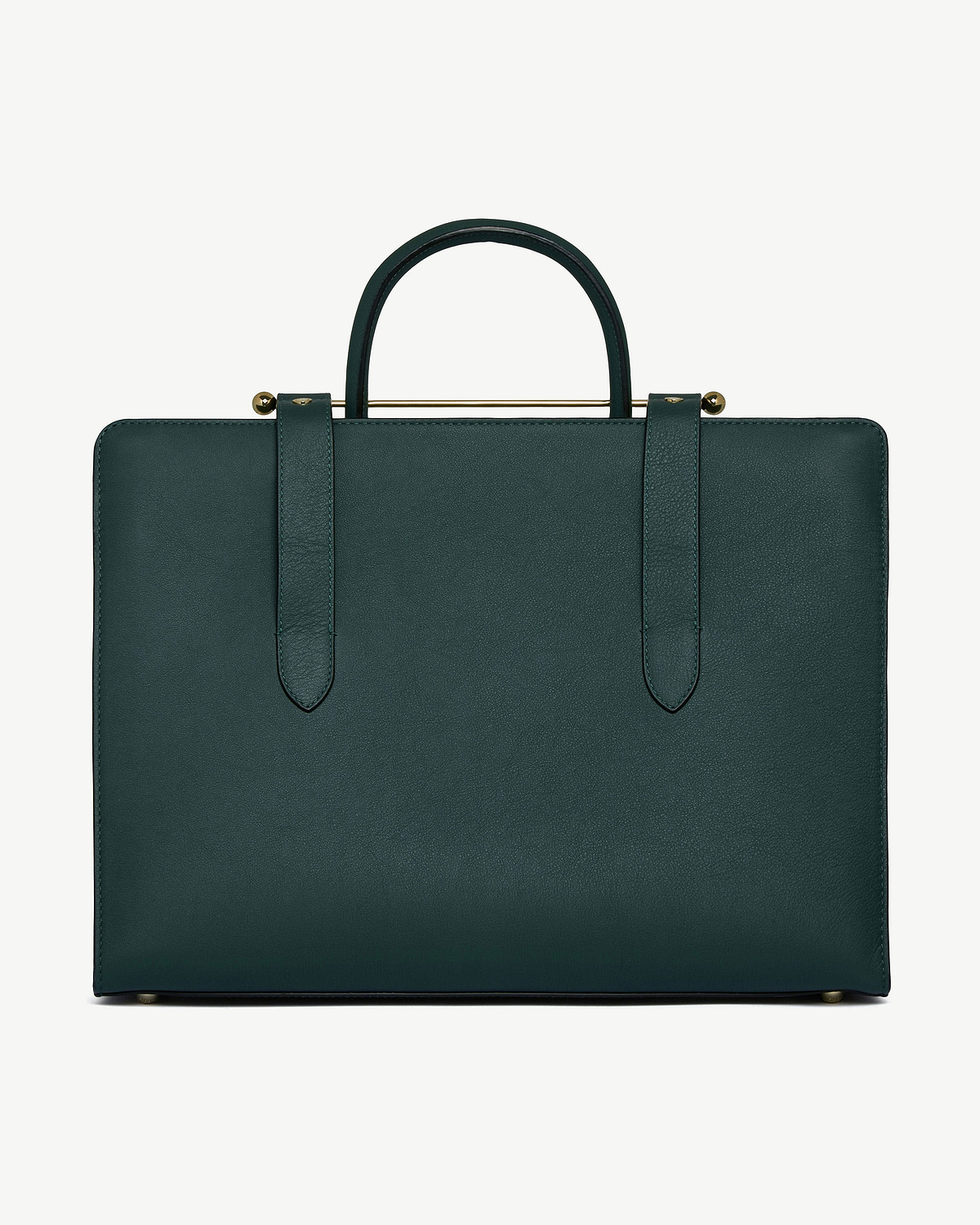 Bottle green leather tote bag with a top handle and gold bar detail.