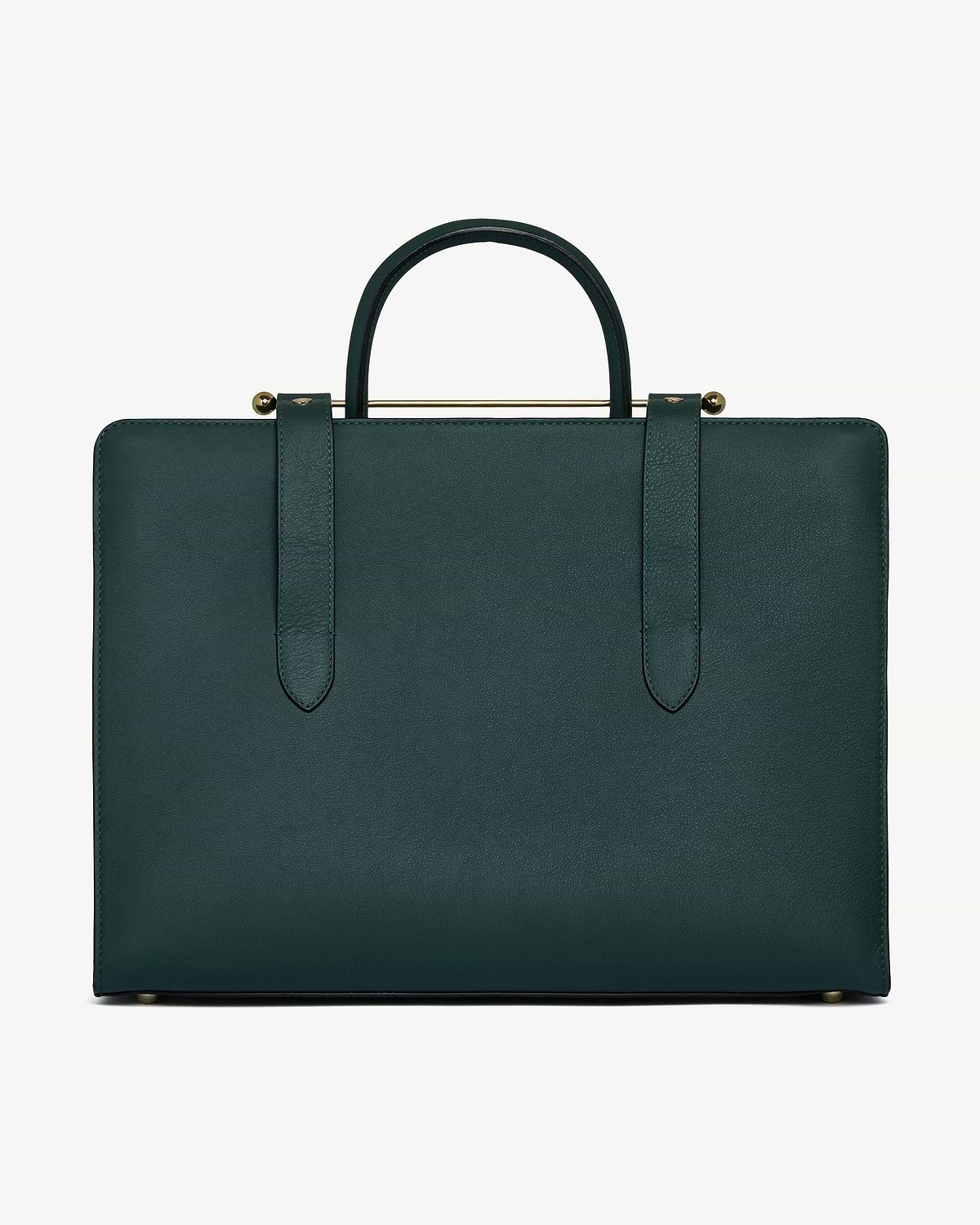 Bottle green leather tote bag with a top handle and gold bar detail.