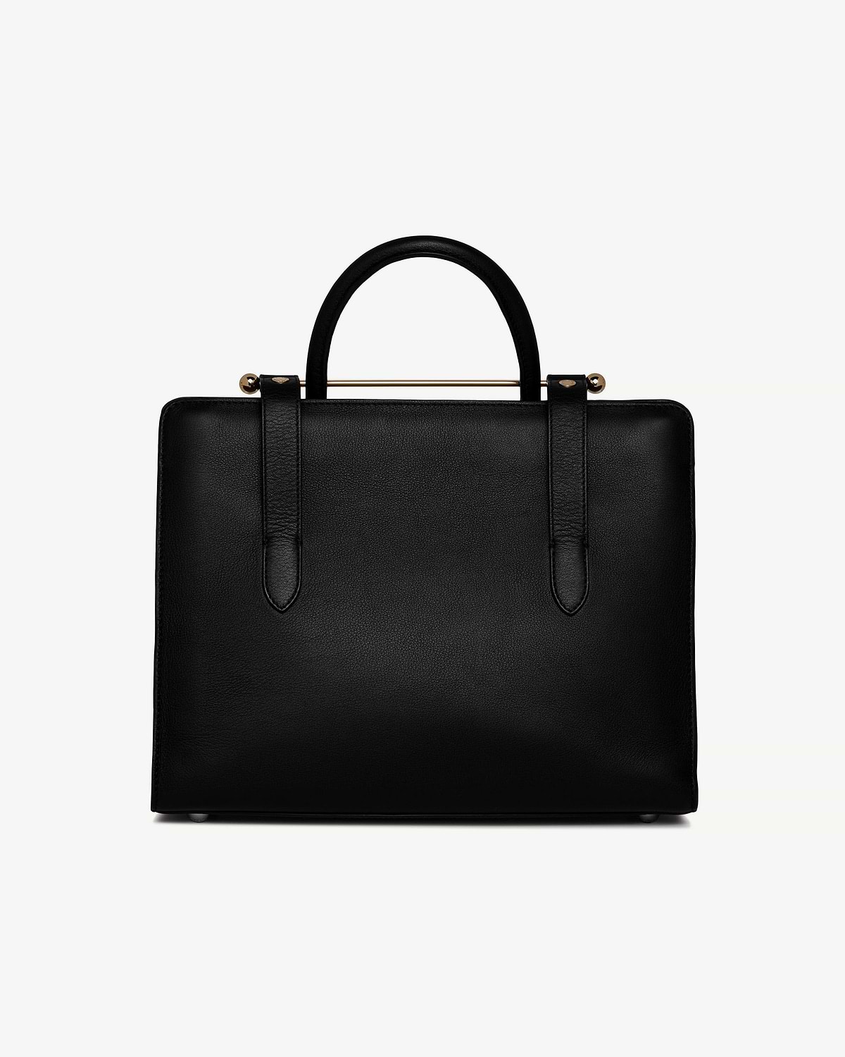 Black midi tote with rounded top handles and horizontal gold bar detail.