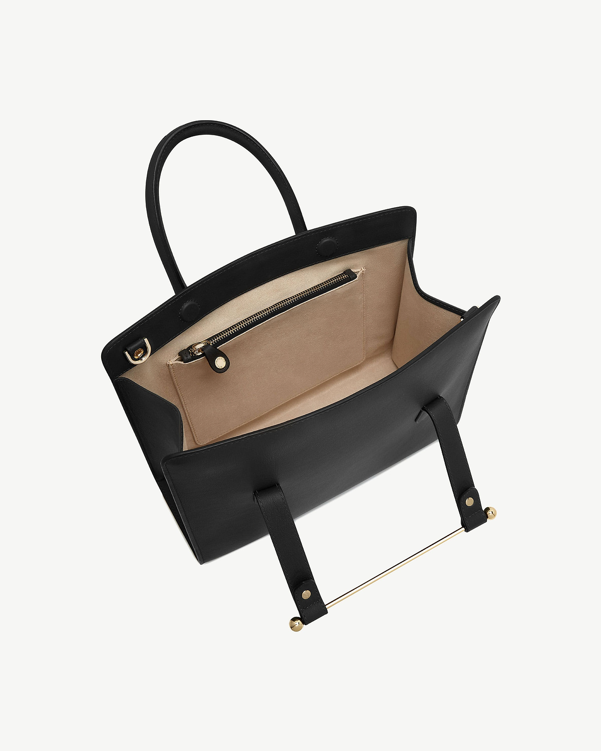 Black midi tote with beige interior, zip pocket, top handles and gold bar