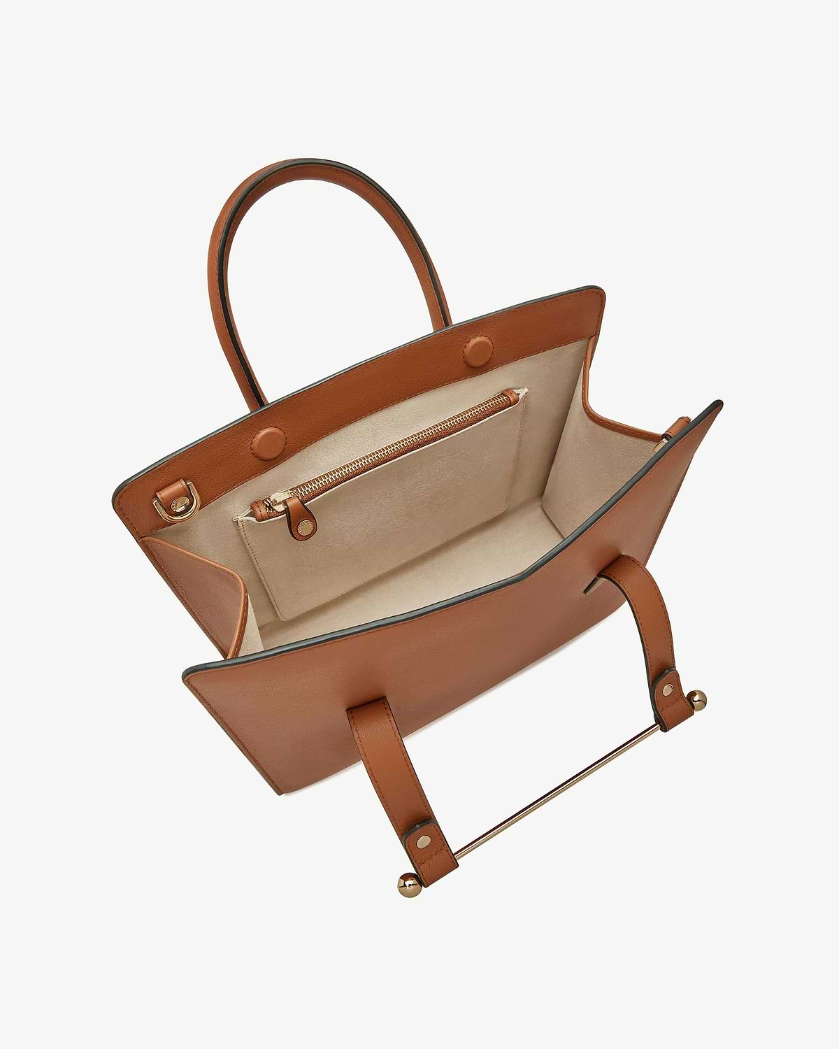 Chestnut midi tote with beige interior, internal zip pocket, handles and gold bar detail